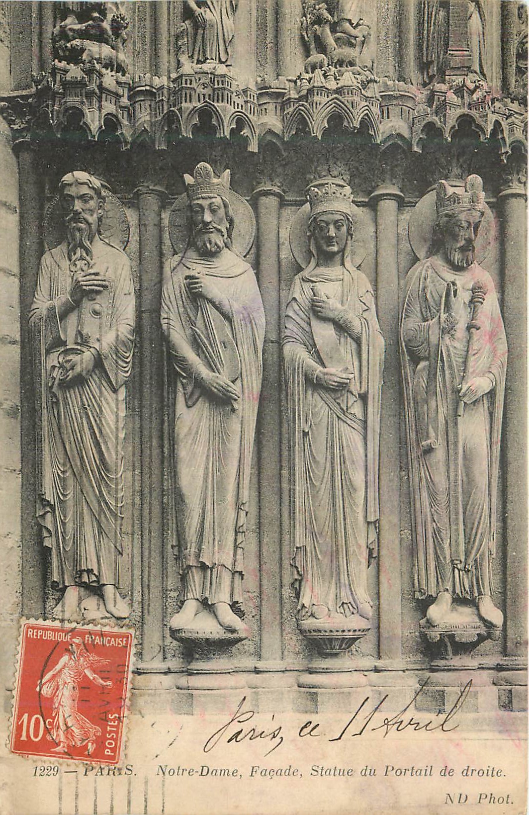 CPA Paris Notre Dame Facade statue du Portail de droite