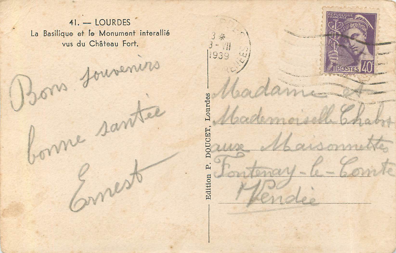 CPA Lourdes La Basilique et le Monument interallie vus du Chateau Fort — Verso