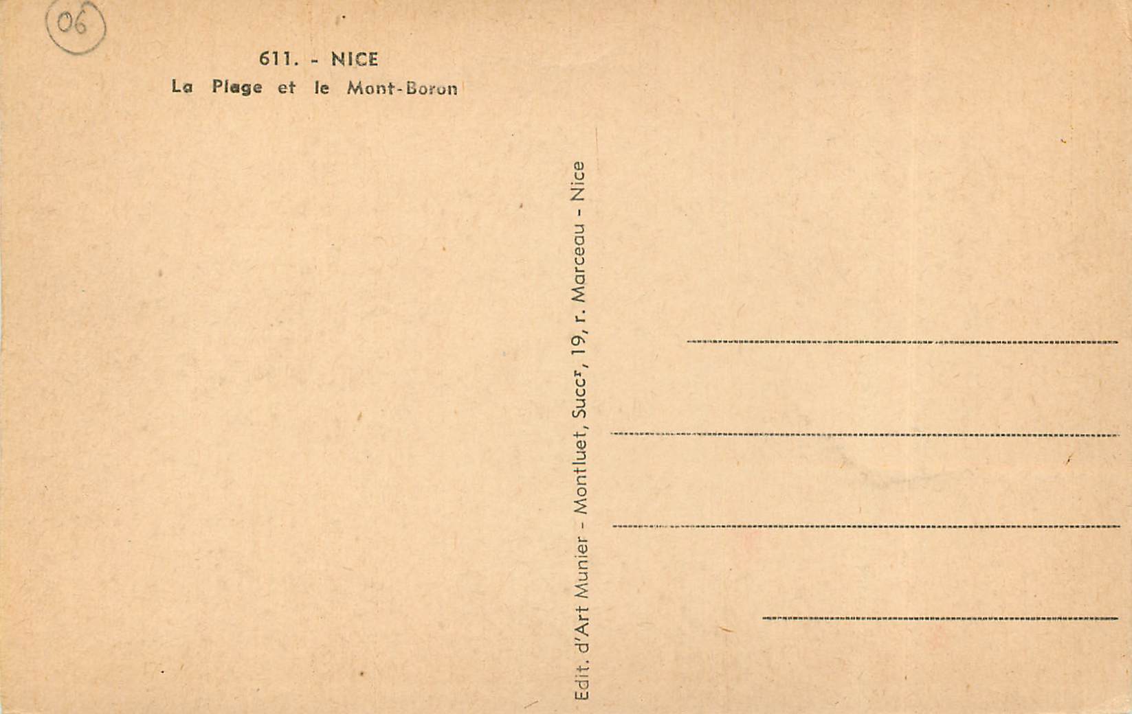 CPA Nice La Plage et le Mont-Boron — Verso