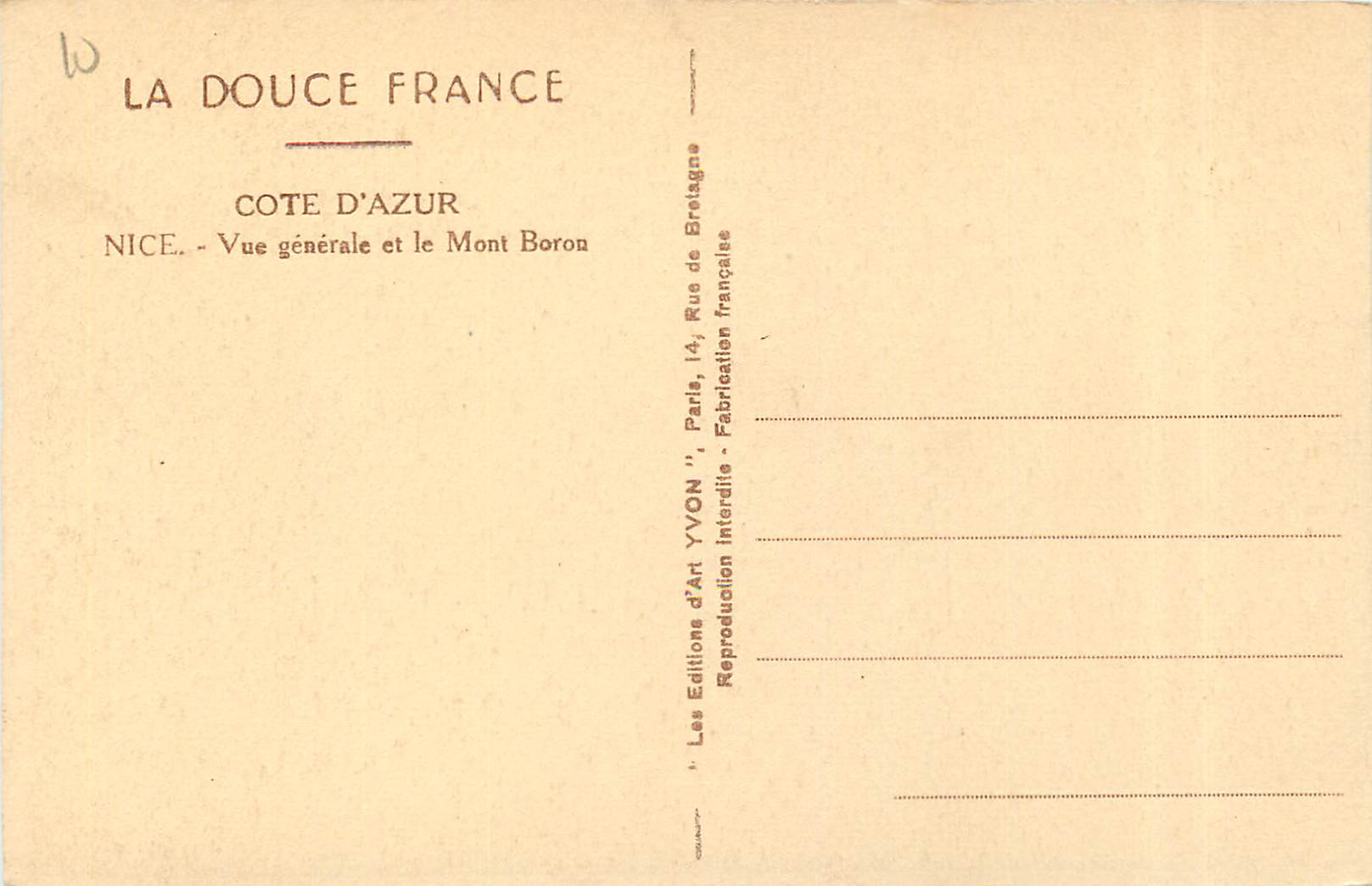 CPA Nice Vue generale et le Mont Boron — Verso