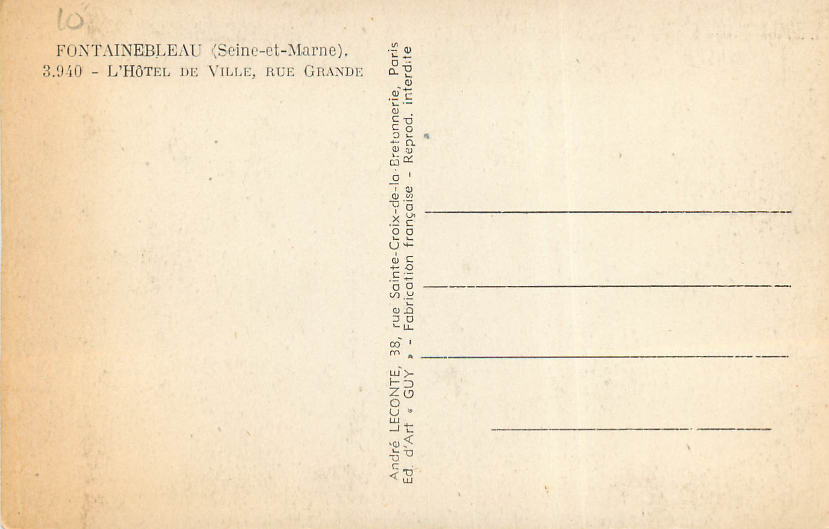 Fontainebleau — L'Hôtel de Ville, rue Grande — Éd. GUY — Verso