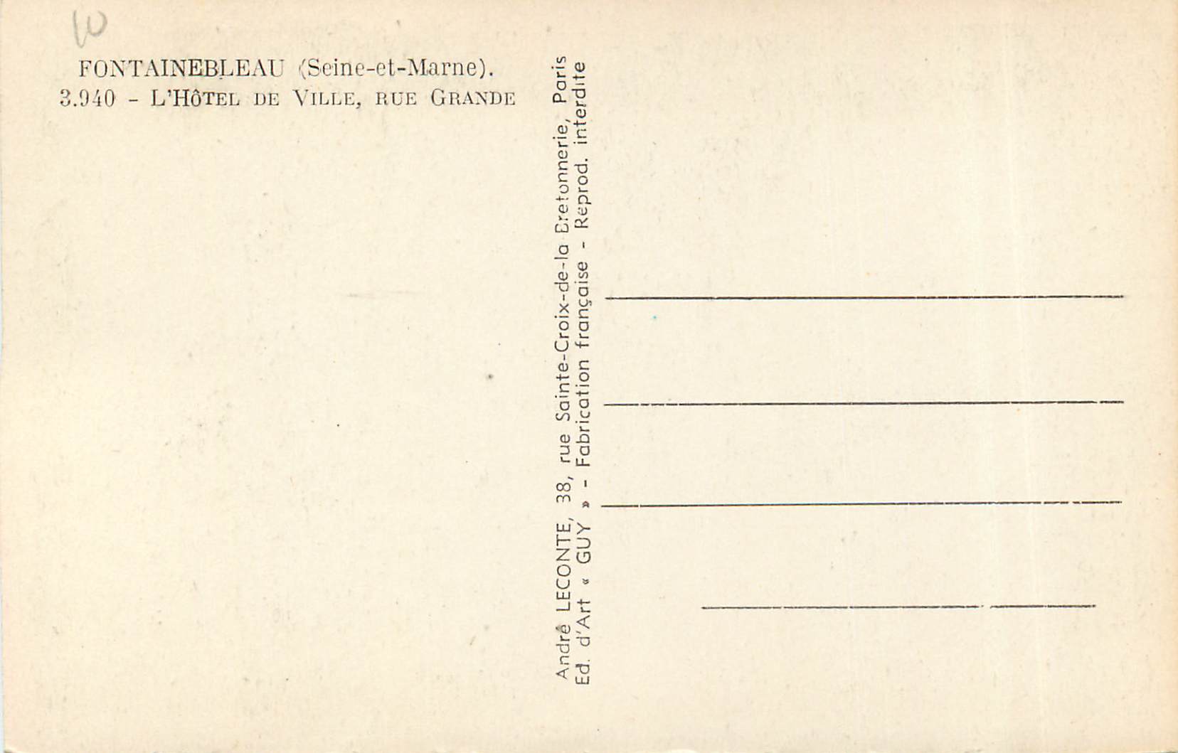 Fontainebleau (Seine-et-Marne) — L'Hôtel de Ville, rue Grande — Éditeur GUY — Verso