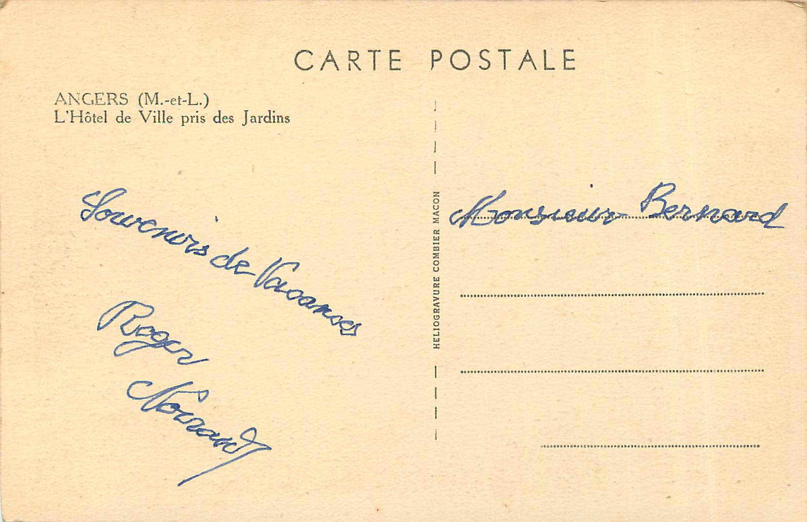 CPA Angers (M et L) L'Hotel de Ville pris des Jardins — Rückseite