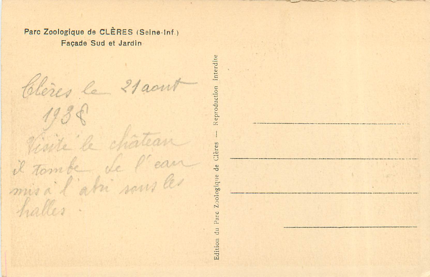 CPA Parc Zoologique de Cleres (Seine-Inf) Facade Sud et Jardin — Rückseite