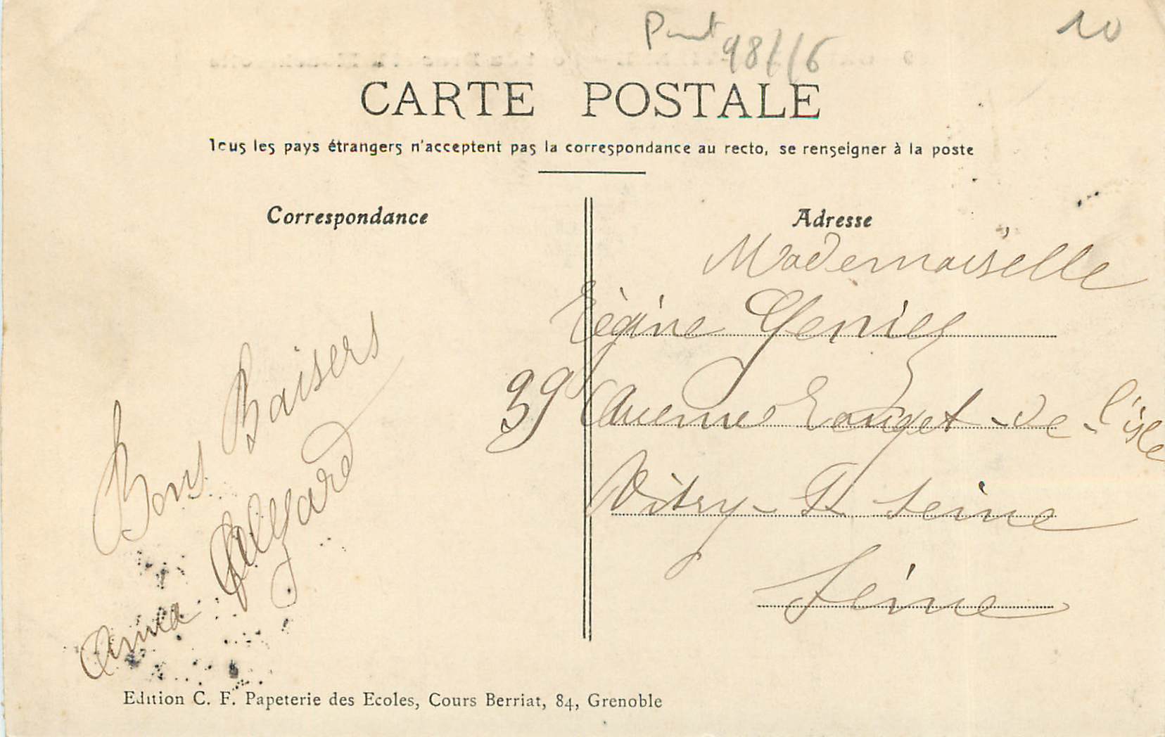 CPA Grenoble-Vienne Pont du Drac et le Moucherotte — Rückseite