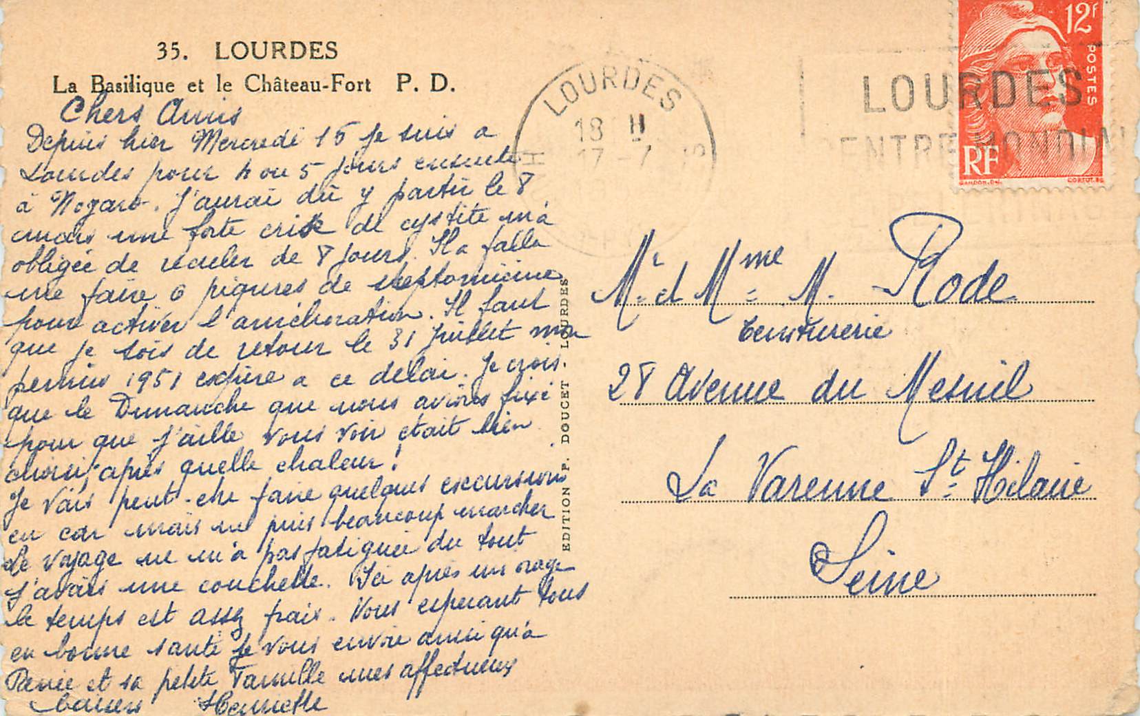 CPA Lourdes La Basilique et le Chateau Fort  — Verso