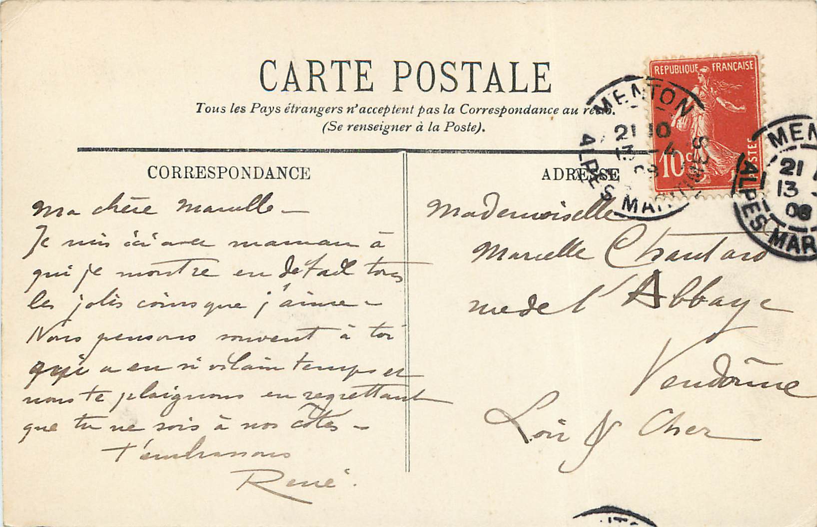 CPA Menton et Garavan Vue prise de la Frontiere Italienne  — Rückseite