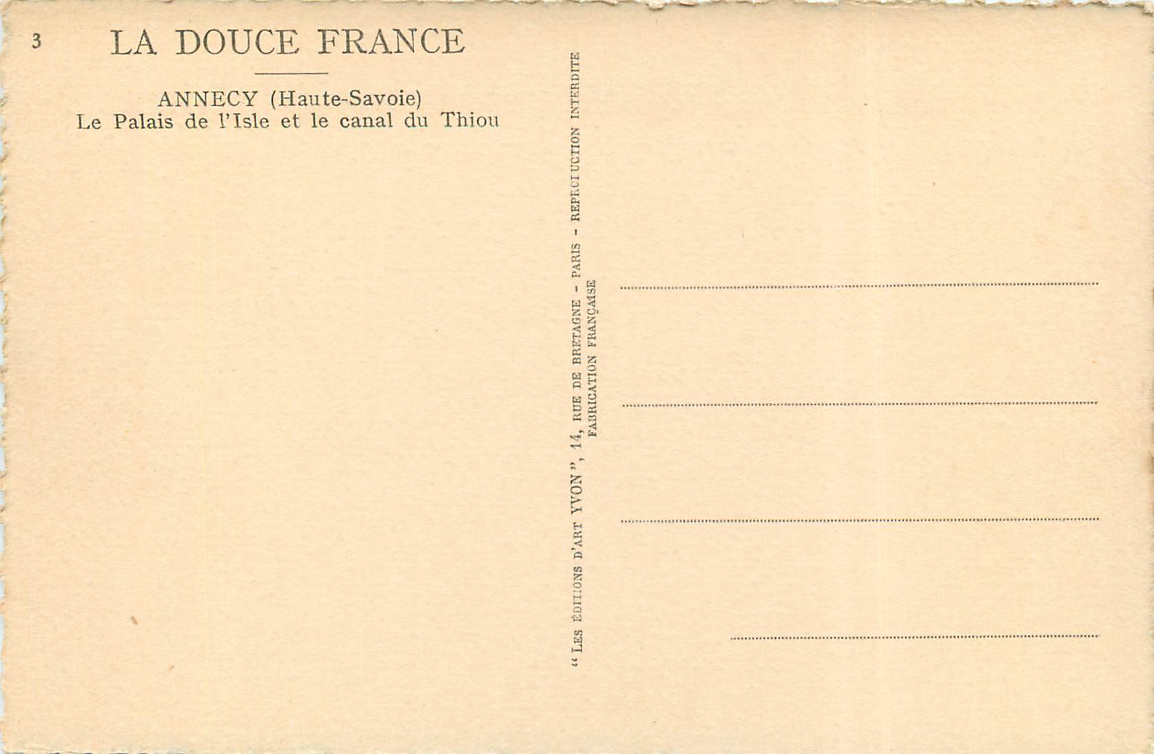 Annecey (Haute-Savoie) — Le Palais de l'Isle et le canal du Thiou — Éditions d'Art Yvon — Rückseite
