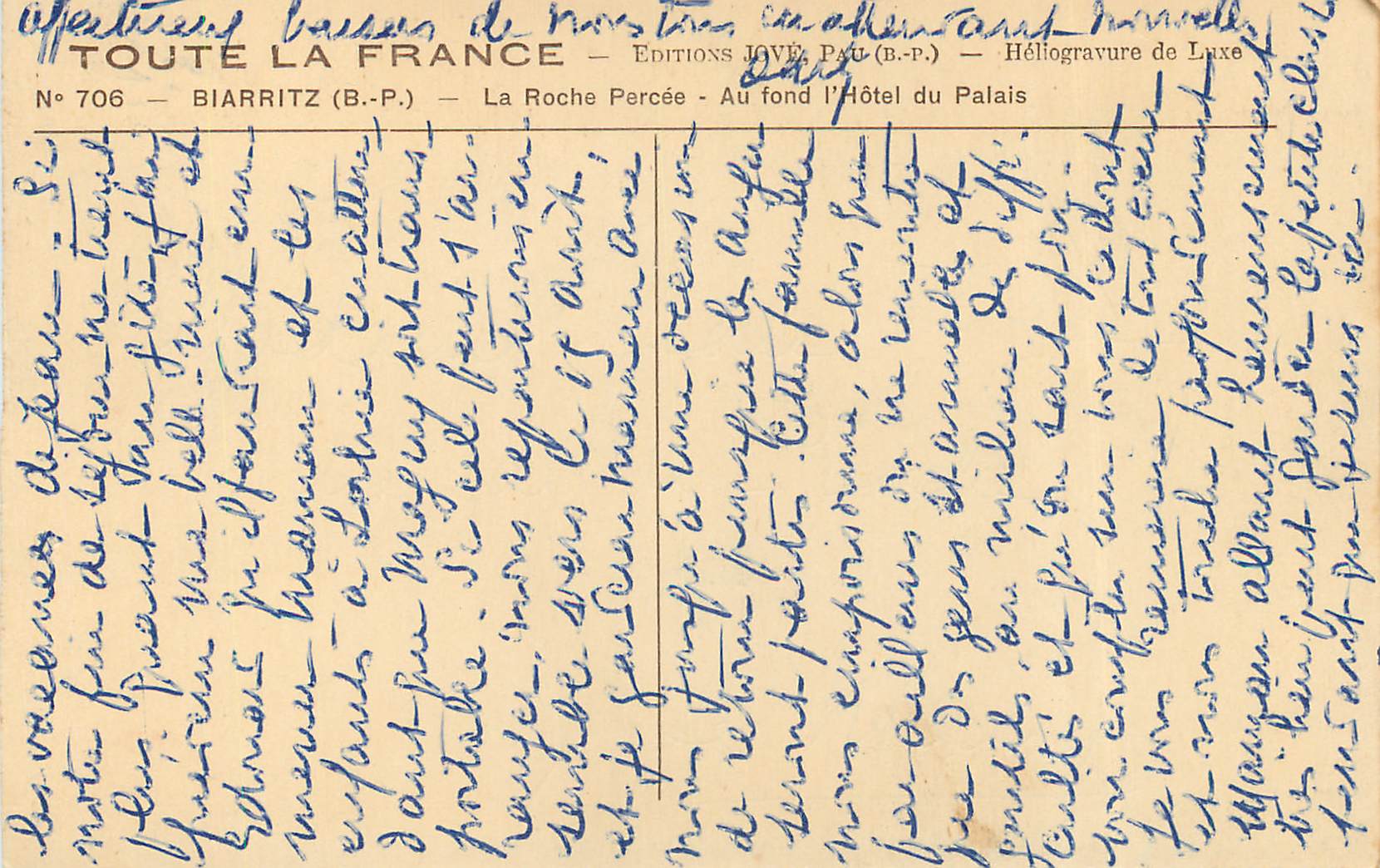 La Roche Percée — Biarritz (B.-P.) — Éditions Jové, n° 706 — Rückseite