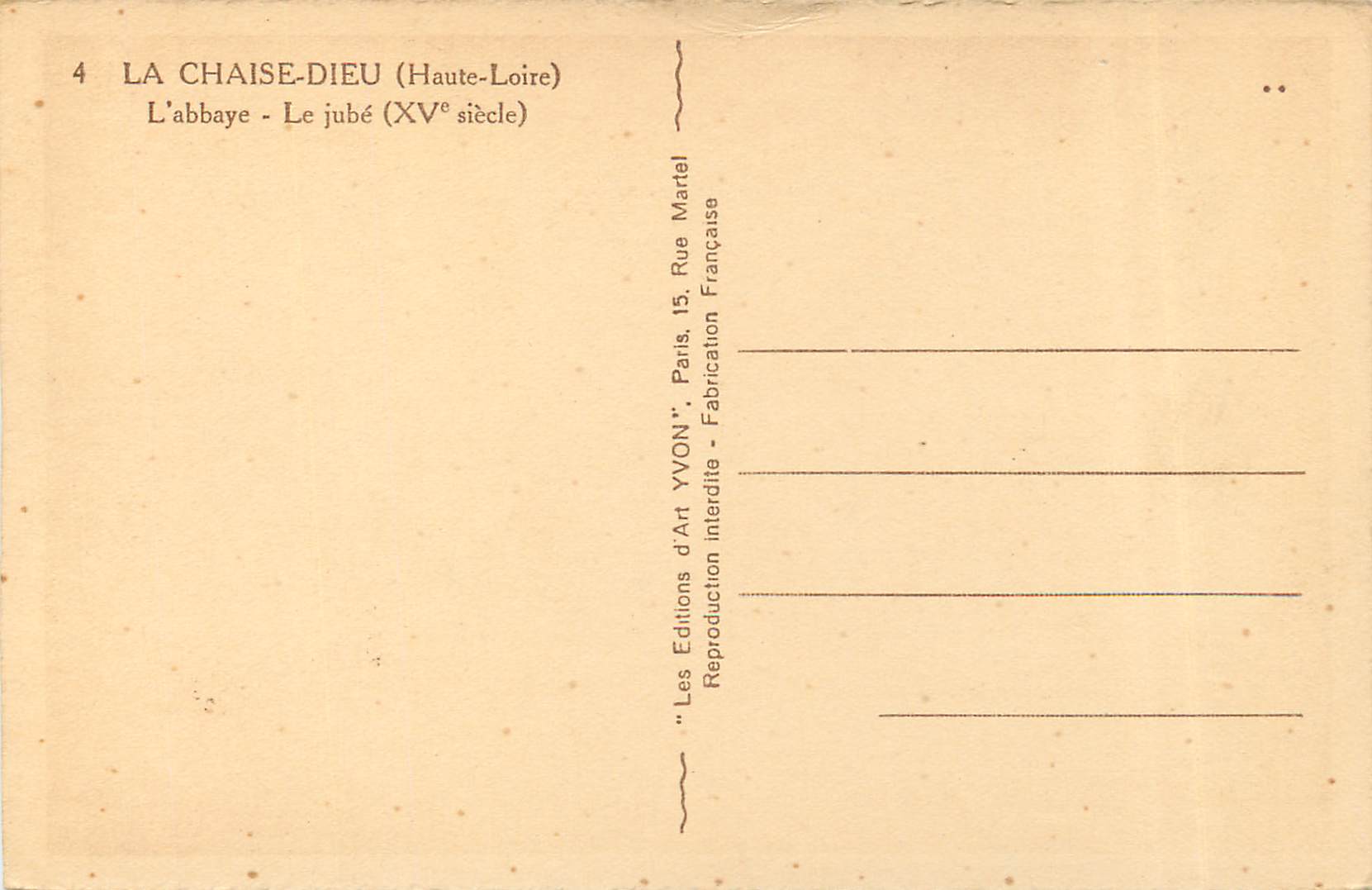 La Chaise-Dieu — L'abbaye - Le jubé (XVe siècle) — Éditions Yvon, Paris — Verso