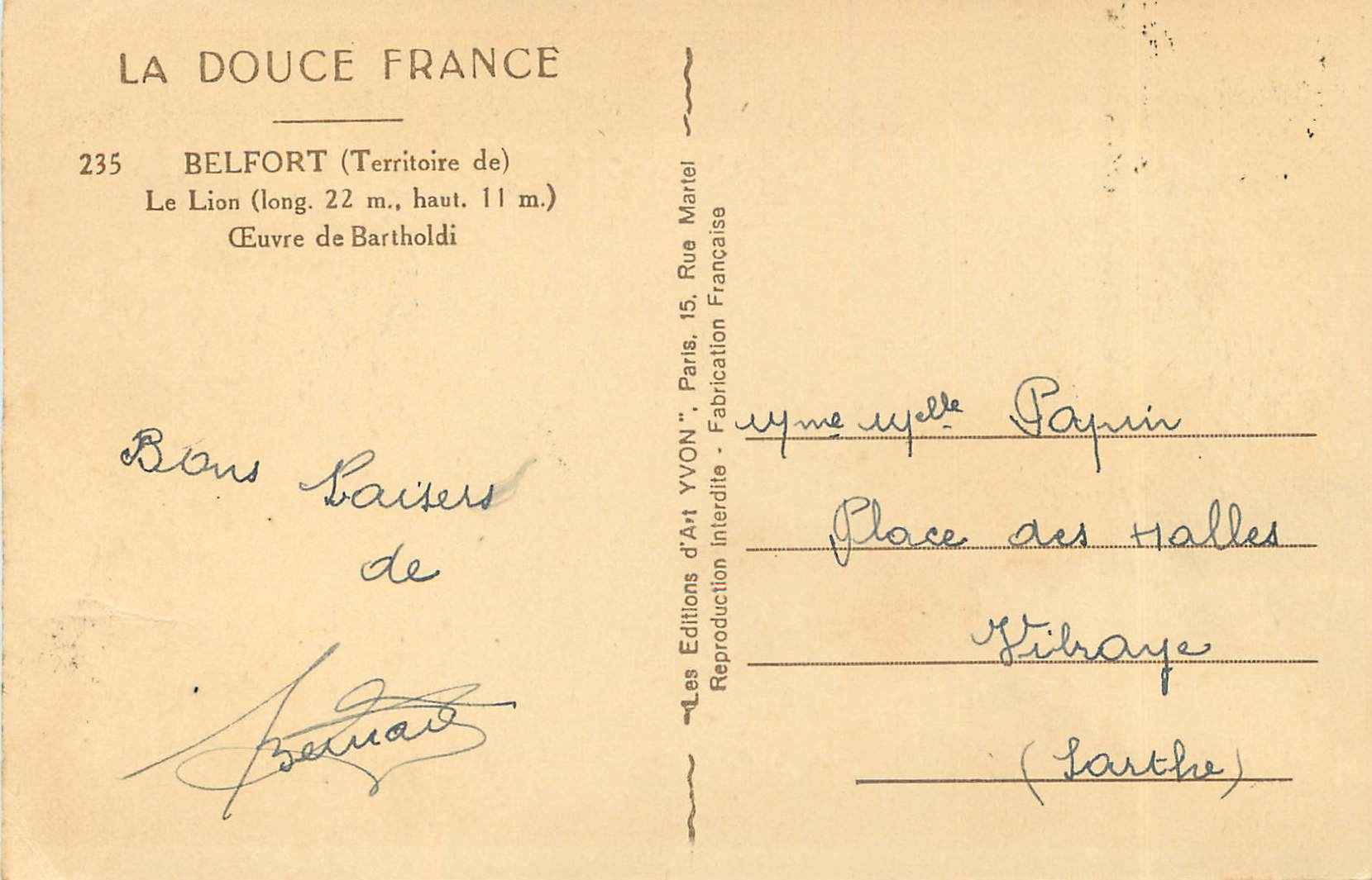 CPA Belfort Territoire de Le Lion Oeuvre de Bartholdi  — Verso