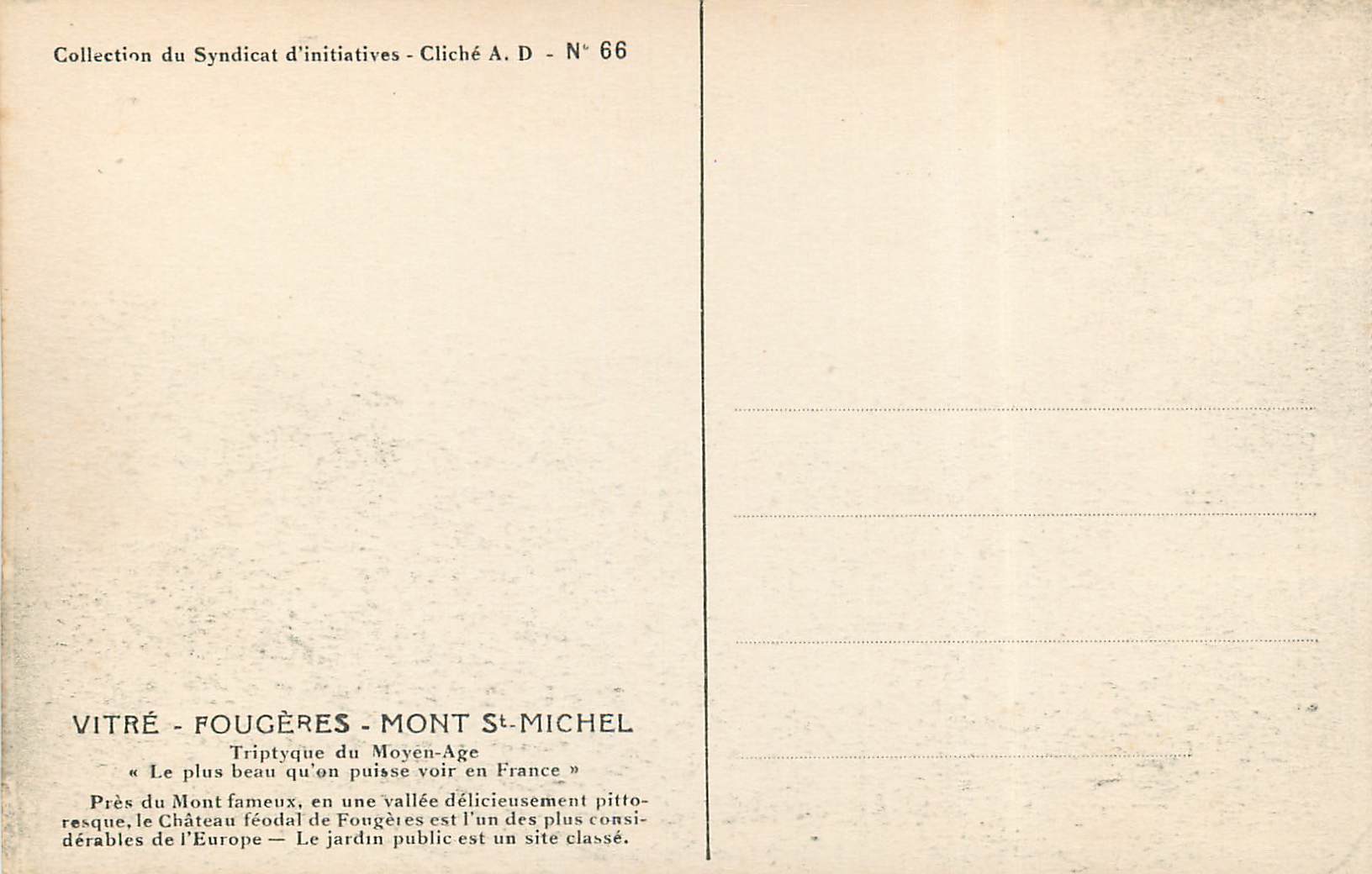 Château de Fougères — Courtine Nord — Collection du Syndicat d'initiatives - Cliché A.D. N° 66 — Verso