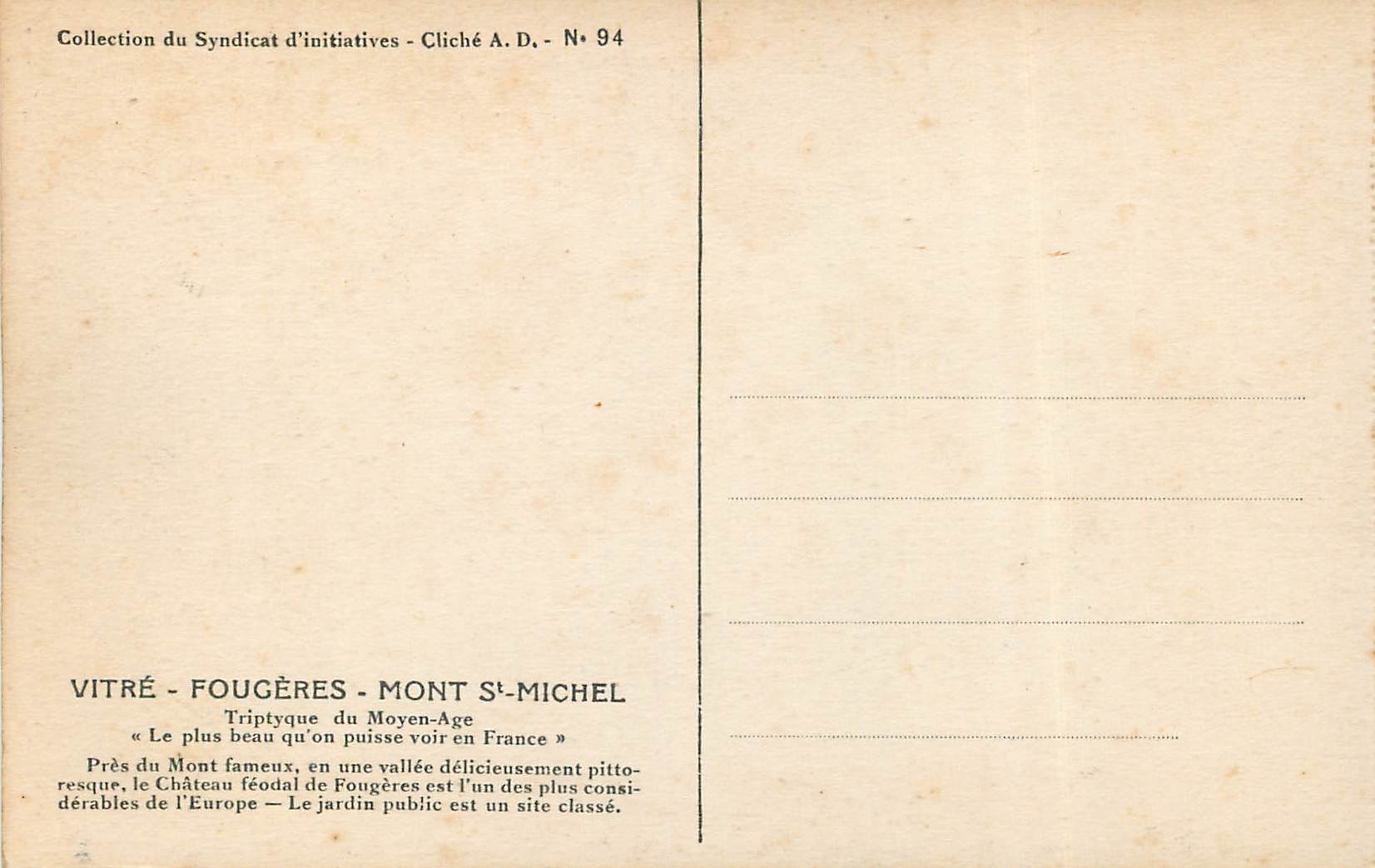 Fougères — Panoramablick auf den Schloss — Cliché A.D. N° 94 — Rückseite