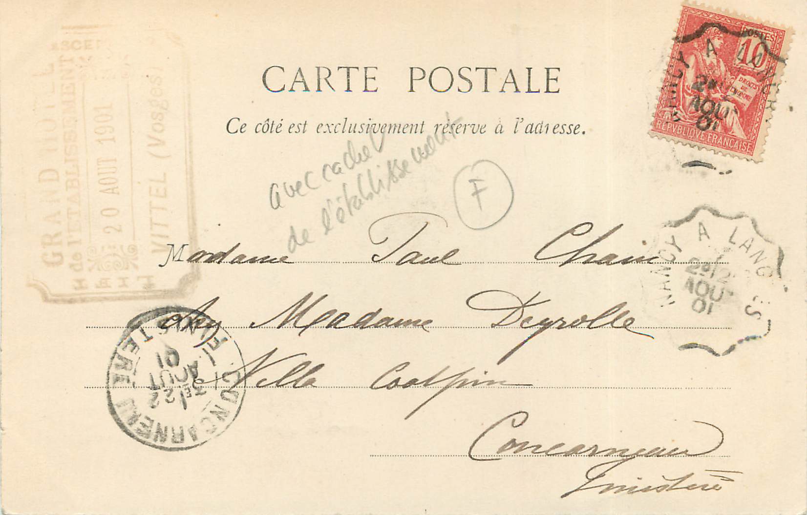 CPA Vittel Le Casino (carte &900° Cachet de l'etablissement — Verso