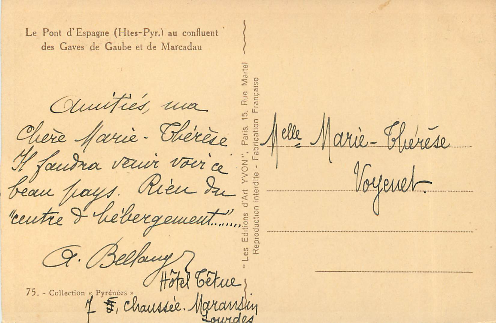 Le Pont d'Espagne (Htés-Pyr.) au confluent des Gaves de Gaube et de Marcadau — Éditions d'Art YVON, n°75 Collection Pyrénées — Reverso