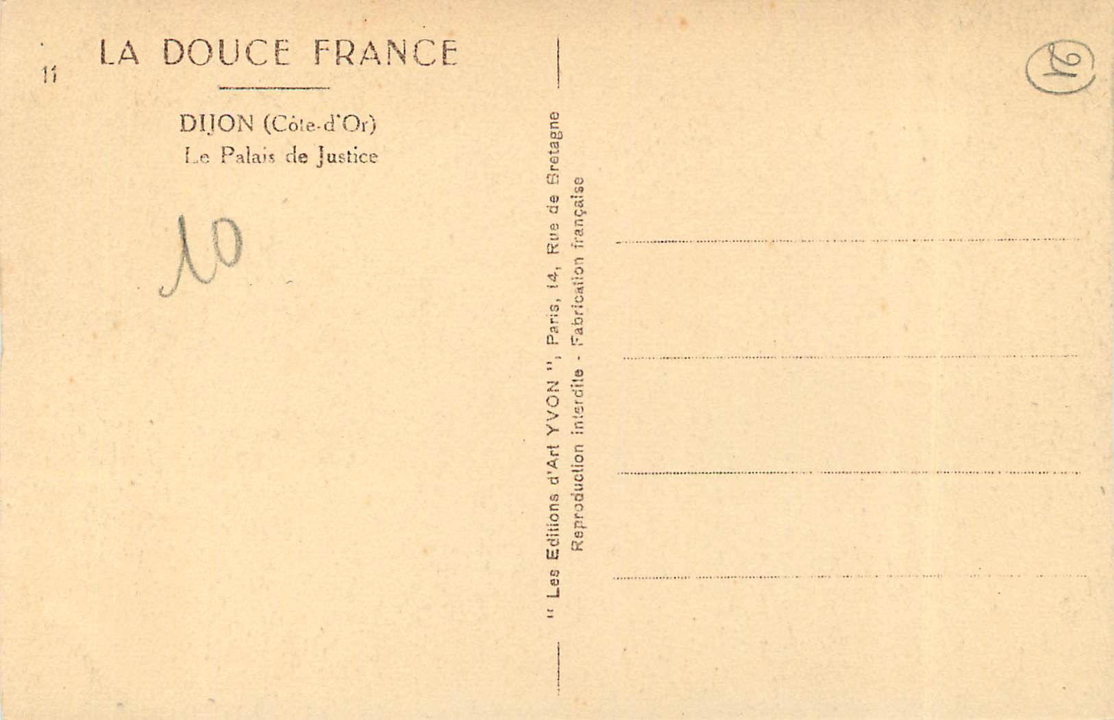 CPA Dijon Cote d Or Le Palais de Justice  — Rückseite
