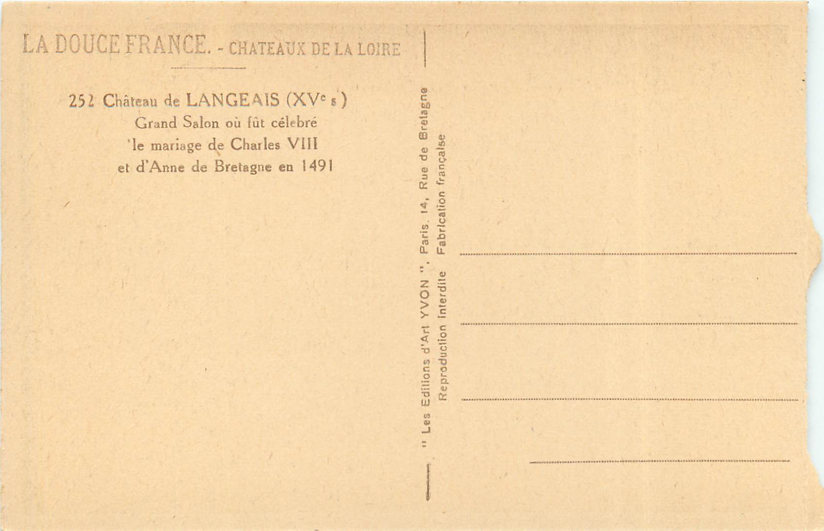CPA Chateau de Langeais Grand Salon ou fut celebre le mariage de Charles VIII  — Verso