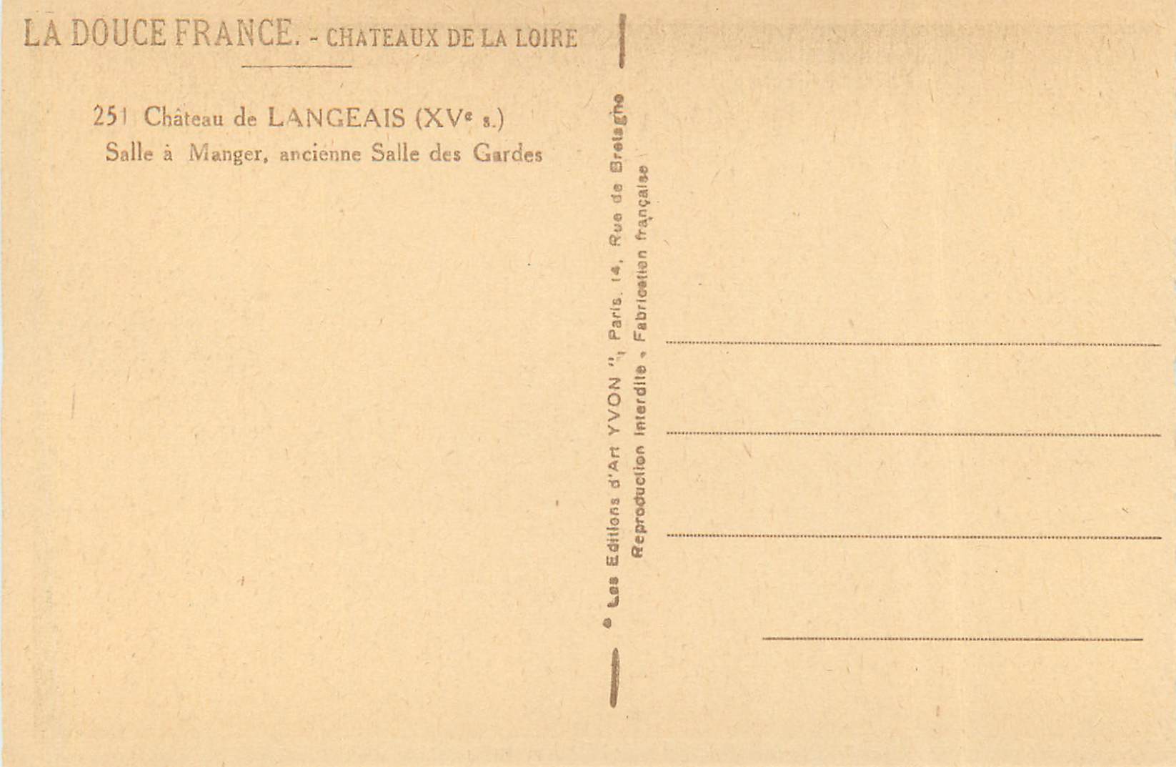 CPA Chateau de Langeais Salle a Manger ancienne Salle des Gardes  — Rückseite