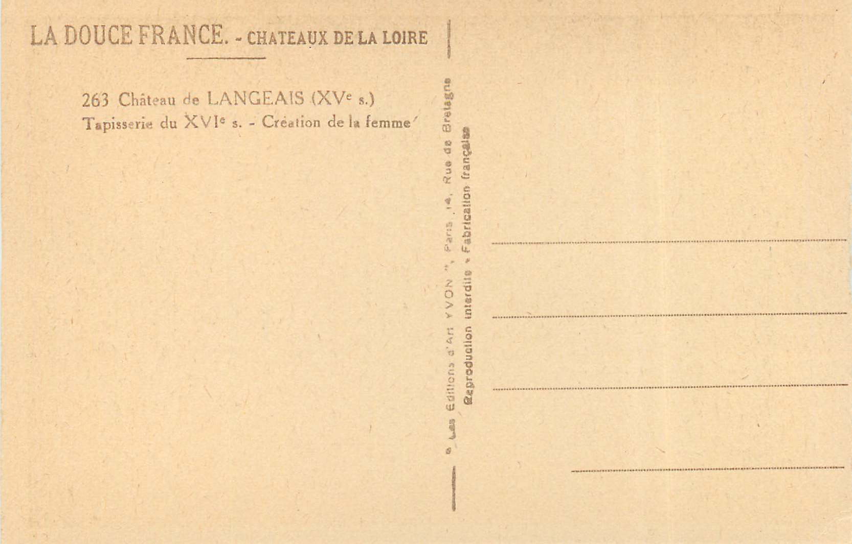 CPA Chateau de Langeais Tapisserie du XVI Creation de la femme  — Verso