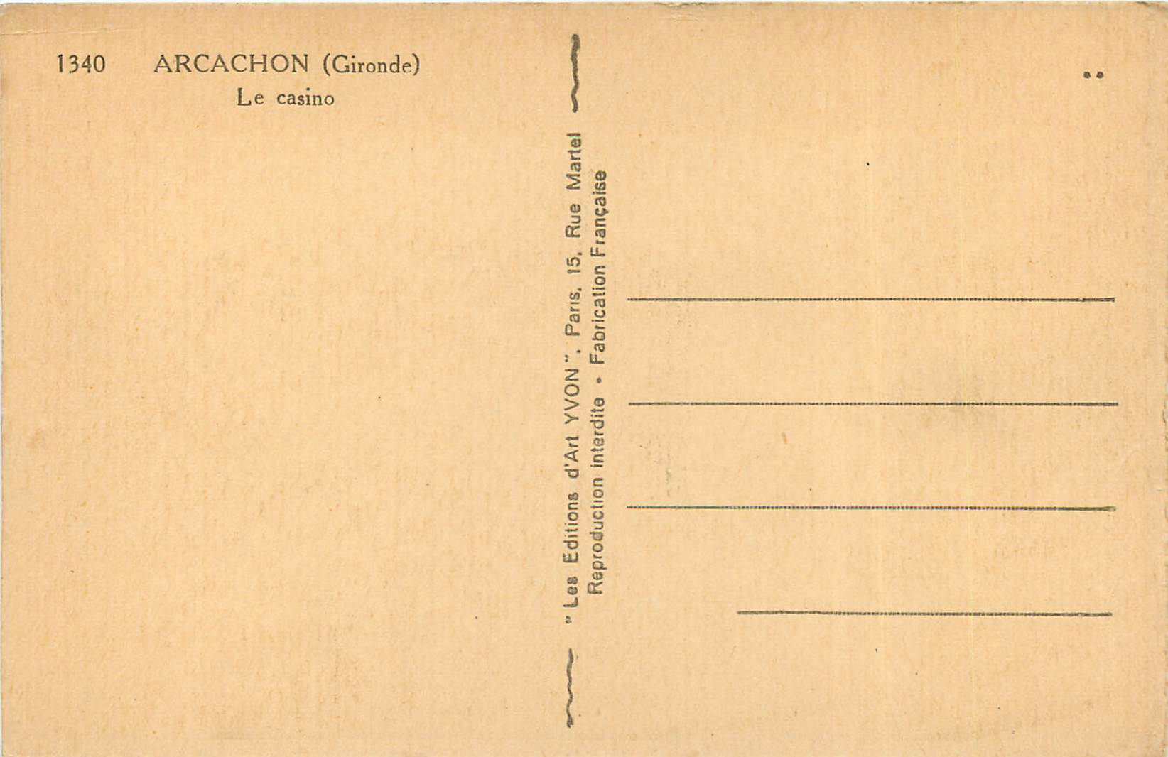 CPA Arcachon Gironde Le casino  — Rückseite
