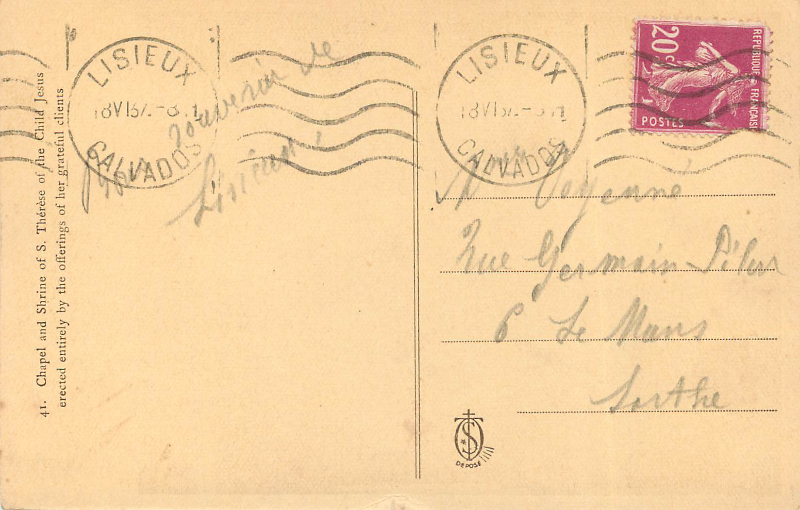 Chapelle et Châsse de Sainte Thérèse de l'Enfant-Jésus — Lisieux — éditeur non visible, n° 41 — Rückseite