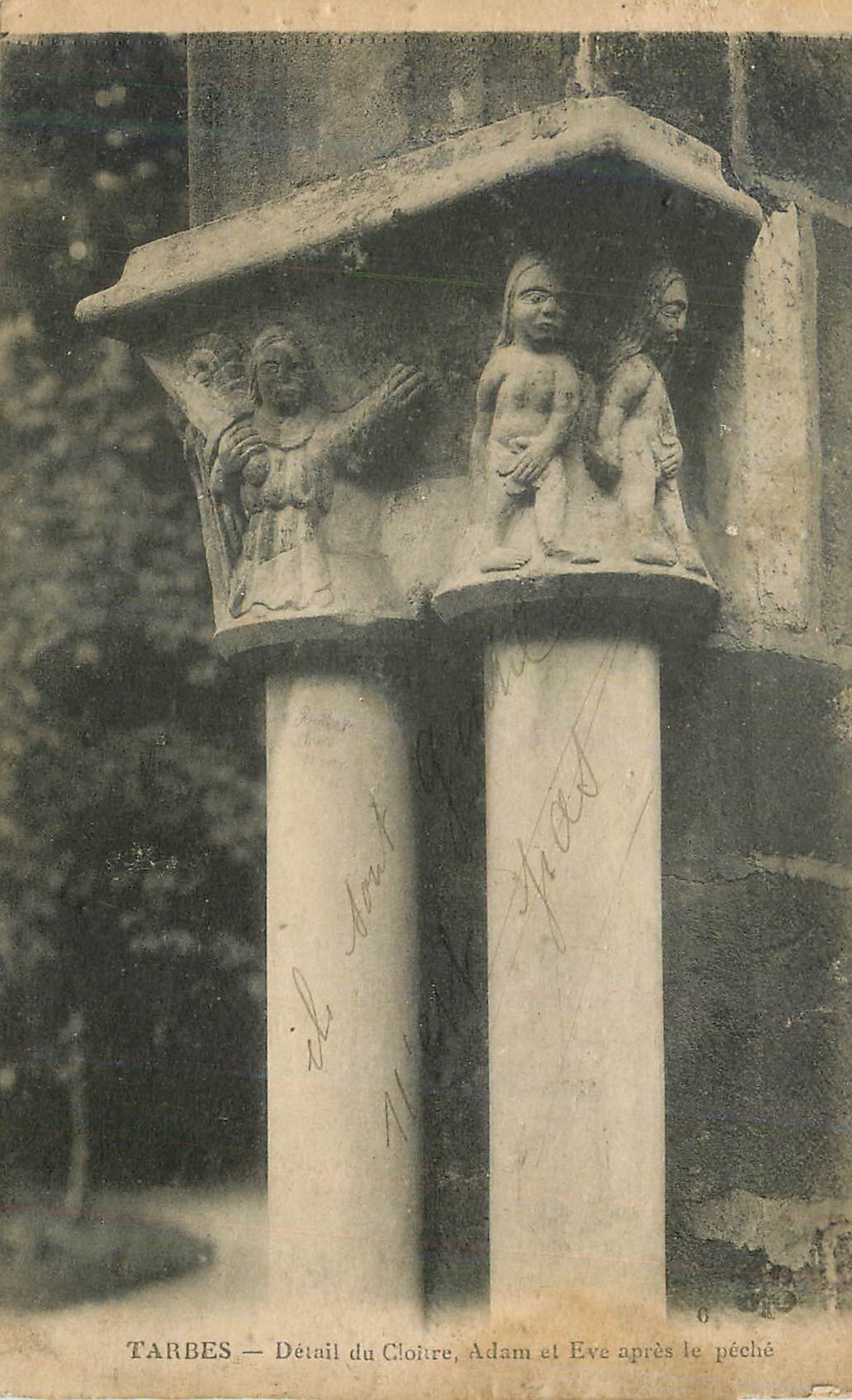 Tarbes — Detalle del Cloître, Adán y Eva después del pecado — M. T. imp. - Limoges