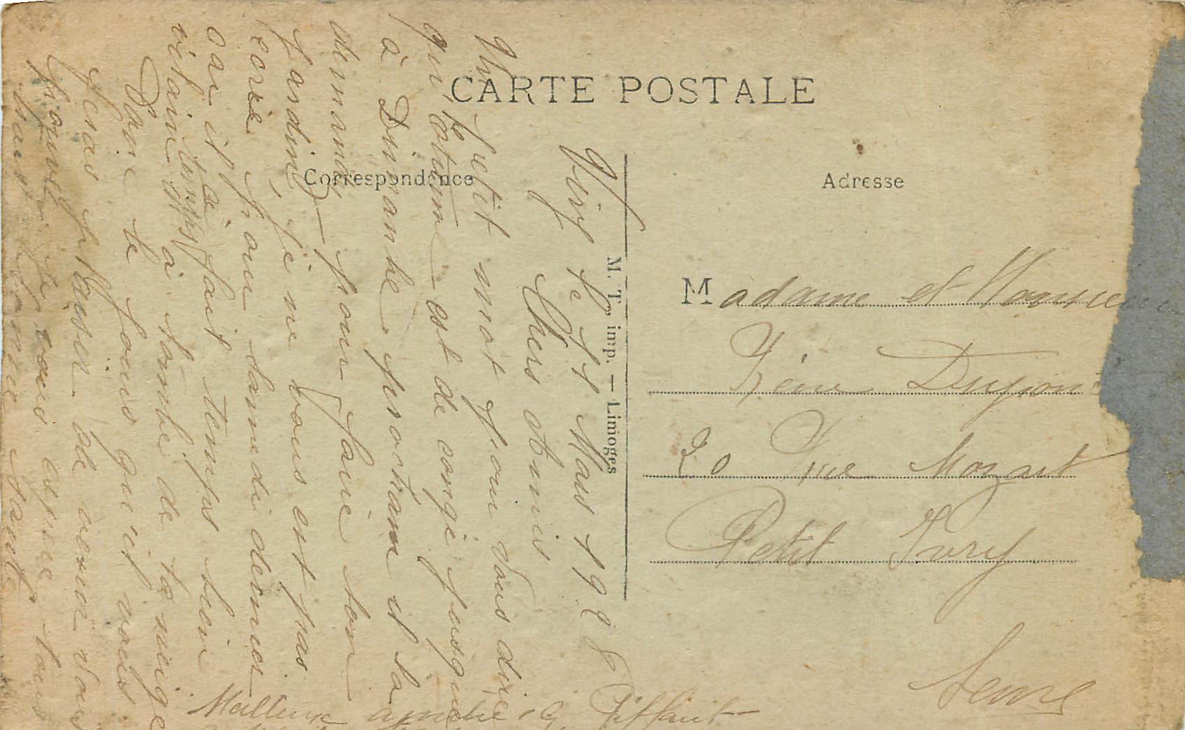 Tarbes — Detalle del Cloître, Adán y Eva después del pecado — M. T. imp. - Limoges — Reverso