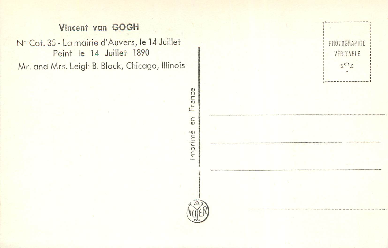 CPM Vincent van Gogh La mairie d Auvers  — Verso