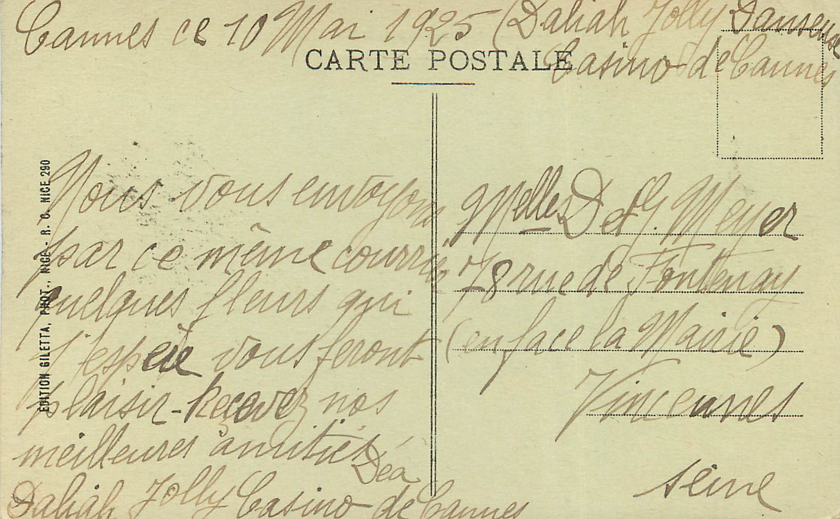 CPA Cannes Vue prise entre les Palmiers  — Verso