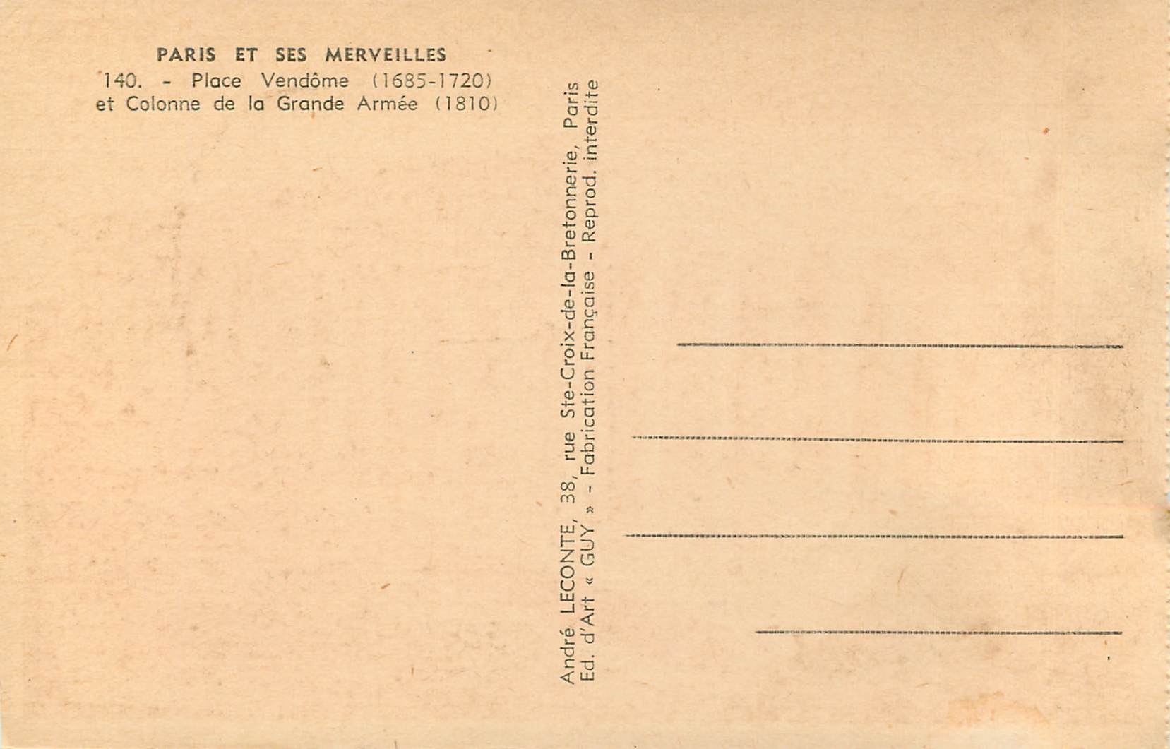 CPA Paris et ses Merveilles Place Vendome et Colonne de la Grande Amee  — Rückseite