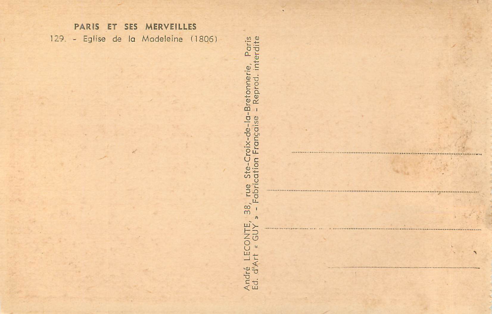 CPA Paris et ses Merveilles Eglise de la Madeleine  — Rückseite
