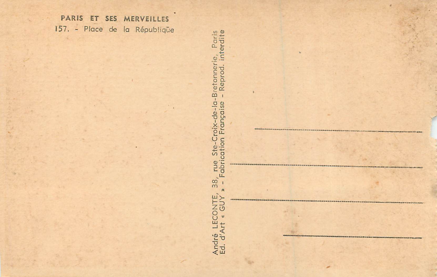 CPA Paris et ses Merveilles Place de la Republique  — Rückseite