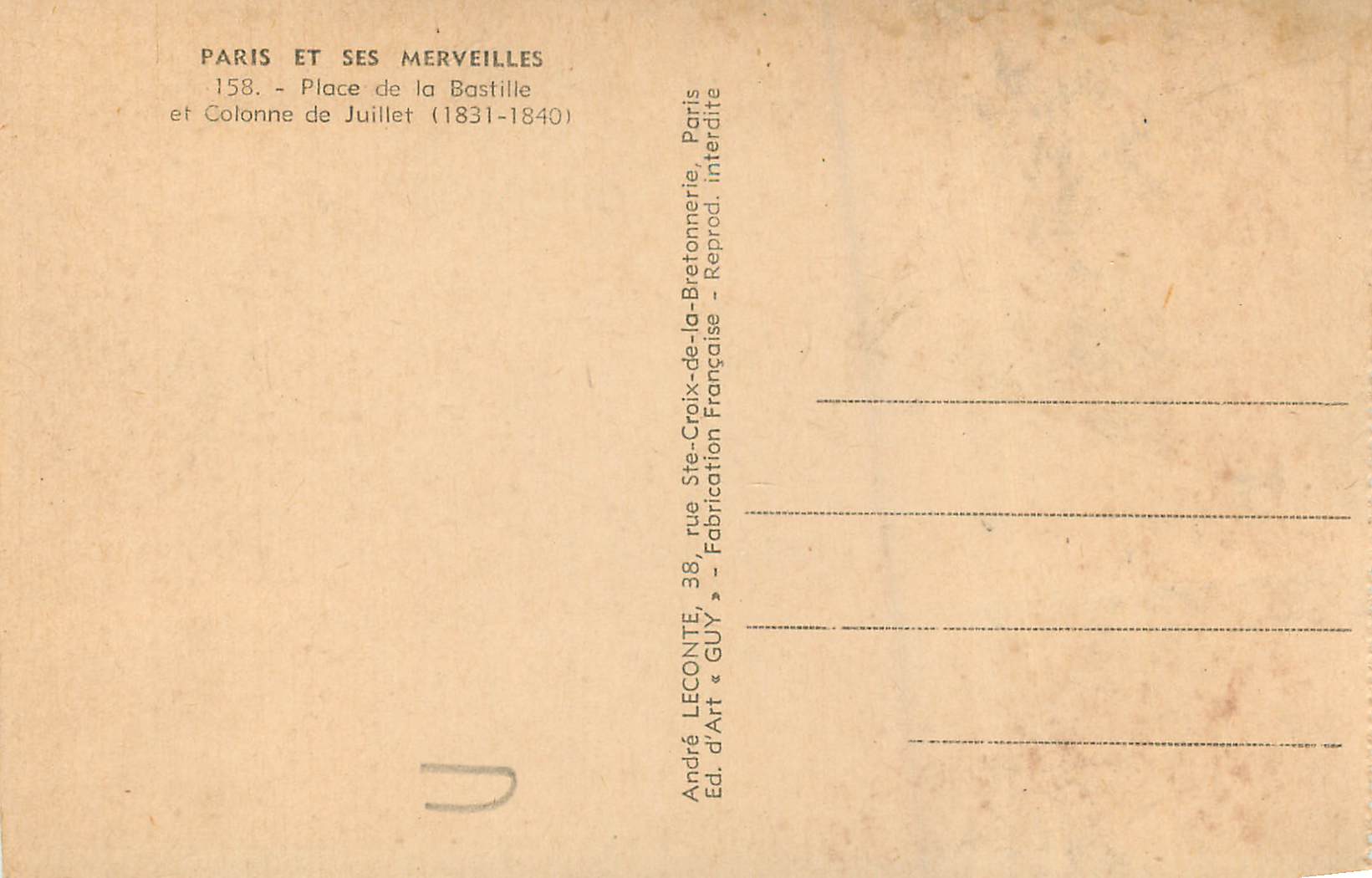CPA Paris et ses Merveilles Place de la Bastille et Colonne de Juillet  — Rückseite