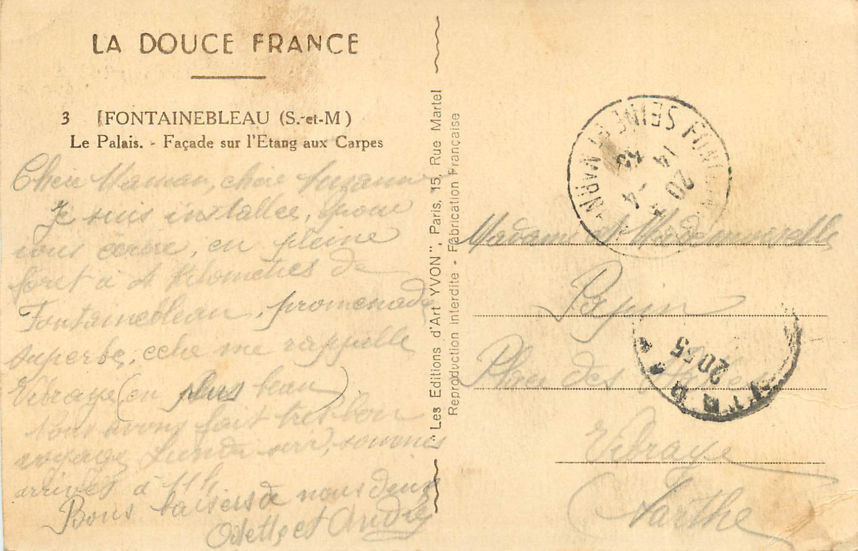 Le Palais sur l'Étang aux Carpes — Fontainebleau (S.-et-M) — Édition YVON — Verso