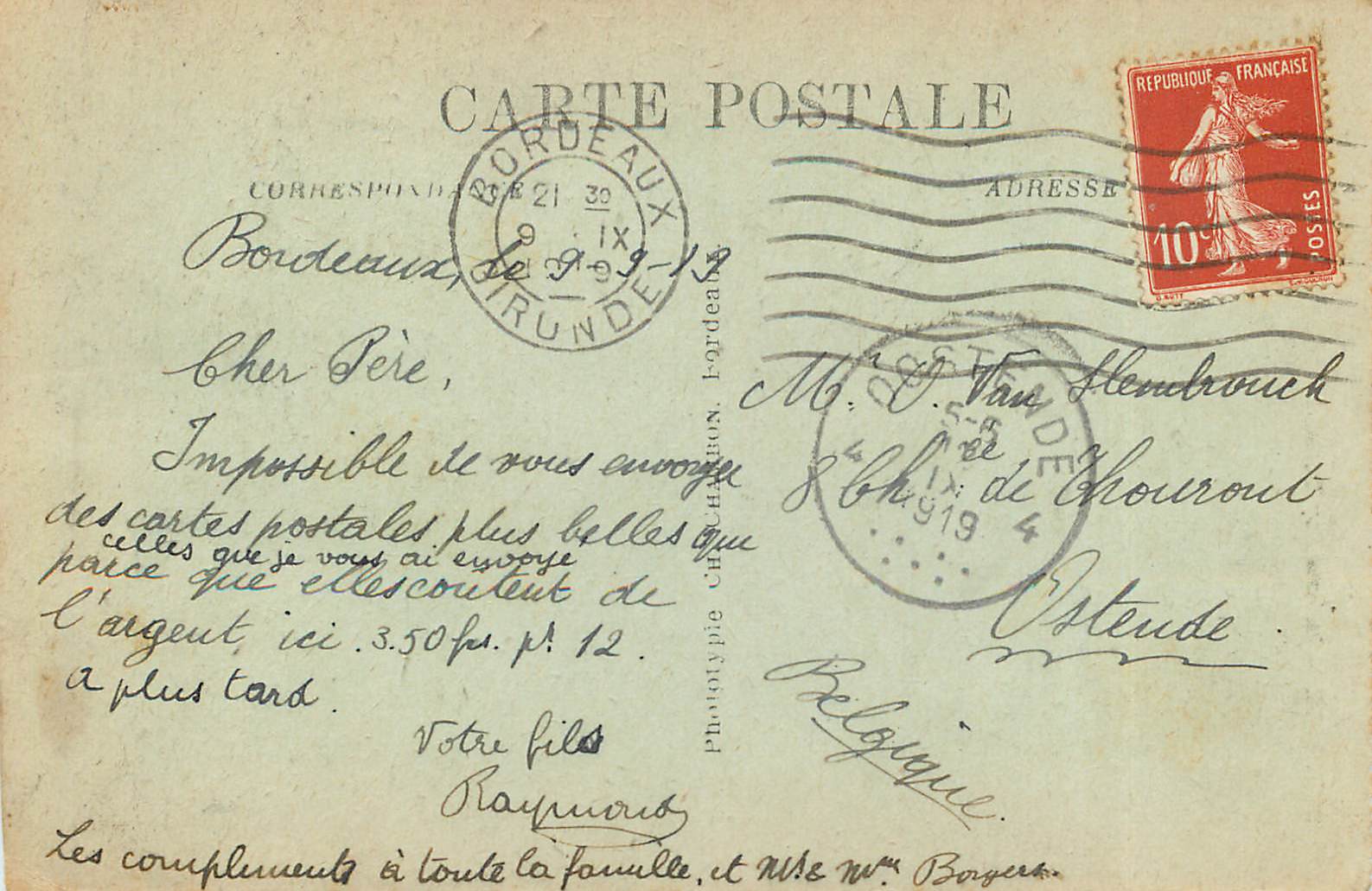 CPA Bordeaux La Tour Pey Berland  — Verso