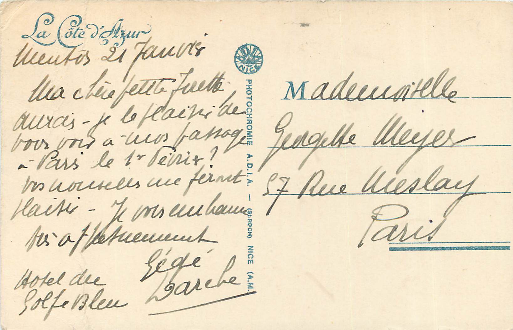 CPA Menton La Vieille Ville  — Rückseite