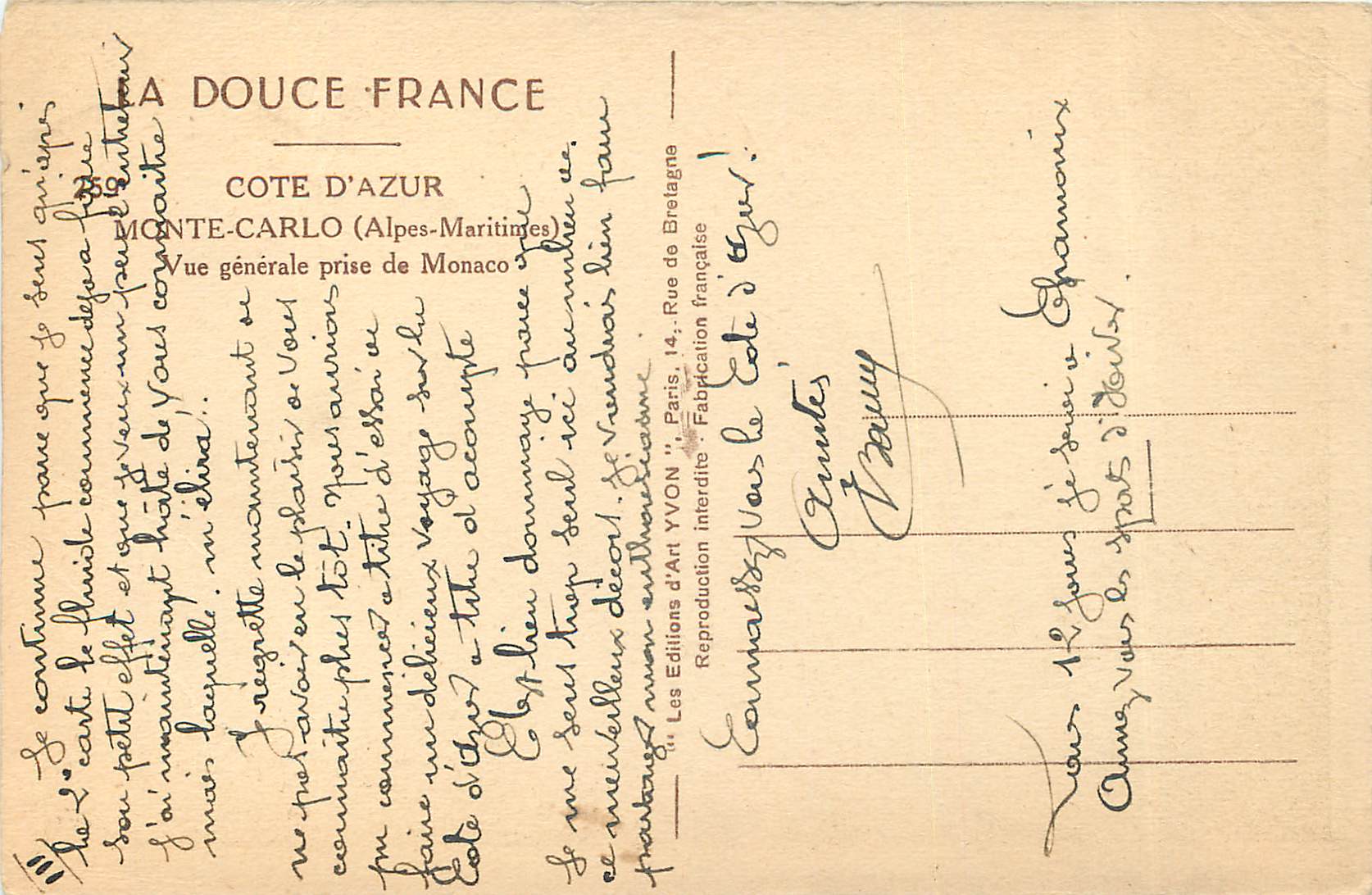 CPA Monte Carlo Alpes Maritimes Vue generale prise de Monaco  — Rückseite