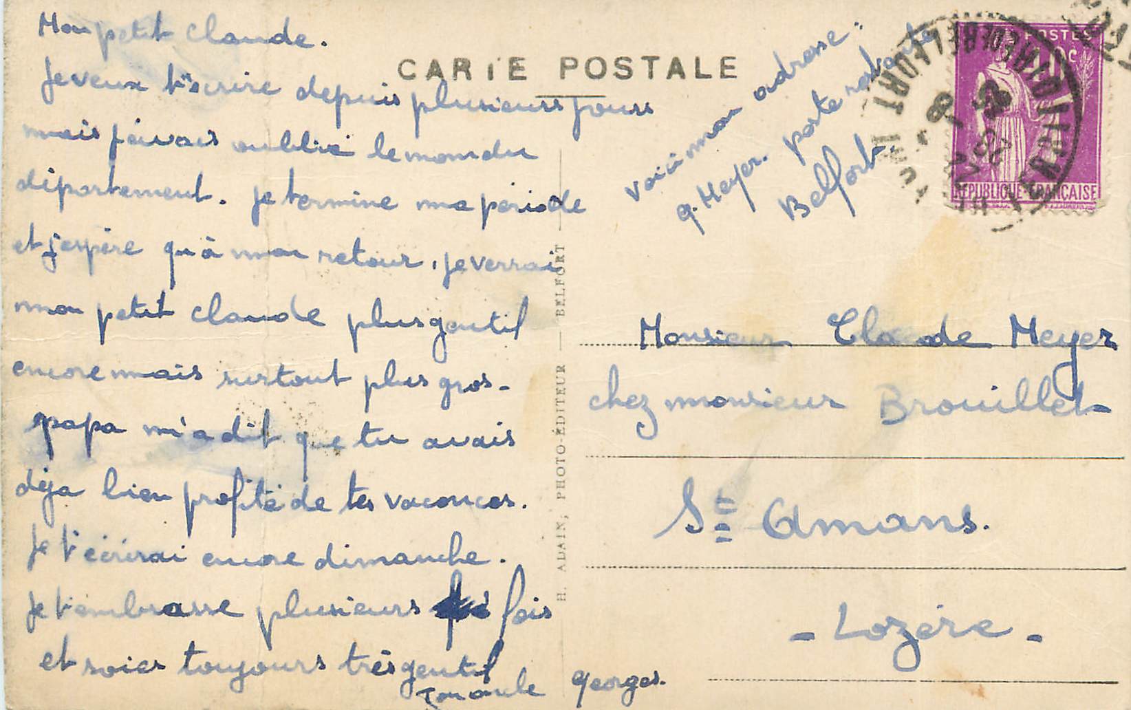 CPA Belfort Le Lion Ceuvre de Bartholdi — Verso