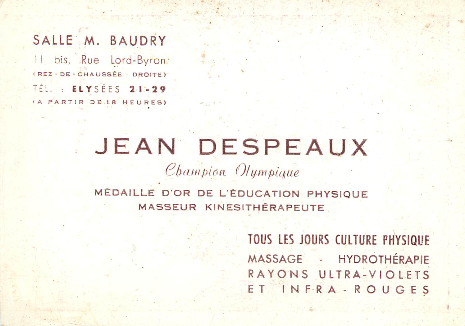 CPA Jeux Olympiques 1936 Jean Despeaux Salle Baudry Rue Lord Byron Paris Masseur kinesitherapeuthe — Rückseite
