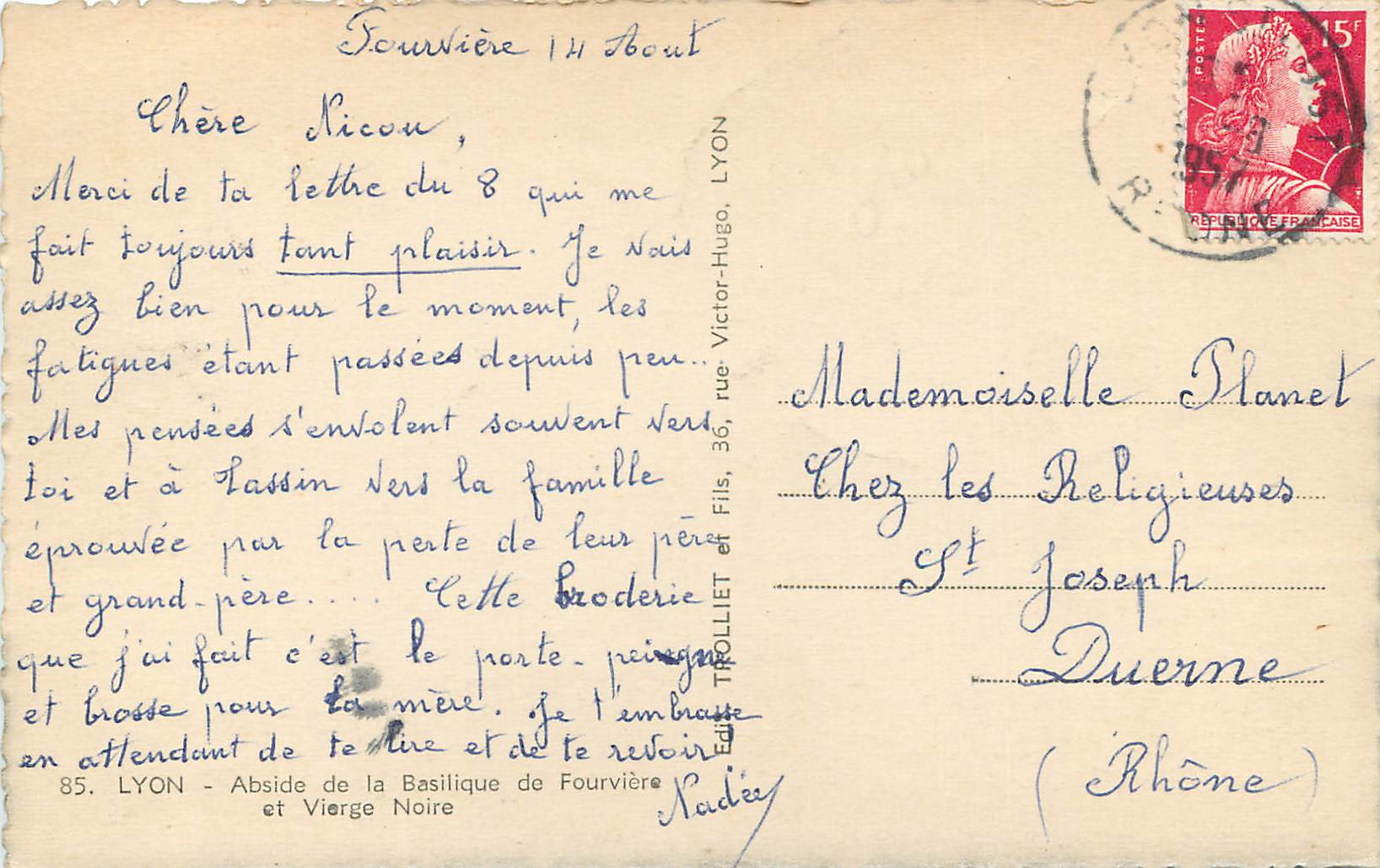 CPA Lyon Abside de la Basilique de Fourviere et Vierge Noire  — Verso