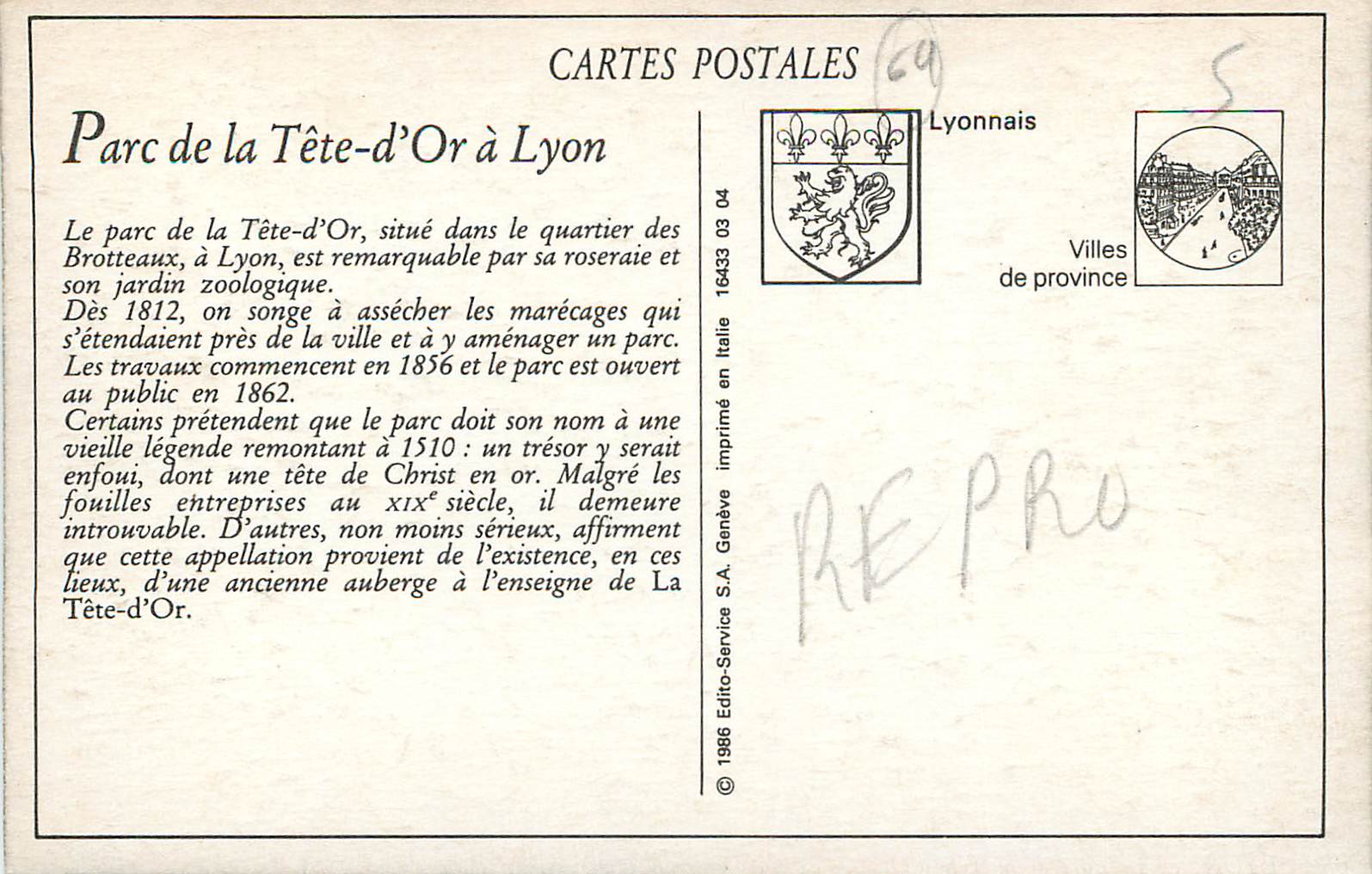 REPRO Lyon Le Parc de la Tete d Or Le Parc  — Rückseite