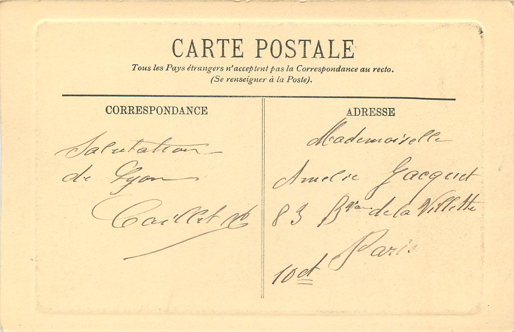 CPA Lyon La Place Carnot  — Rückseite
