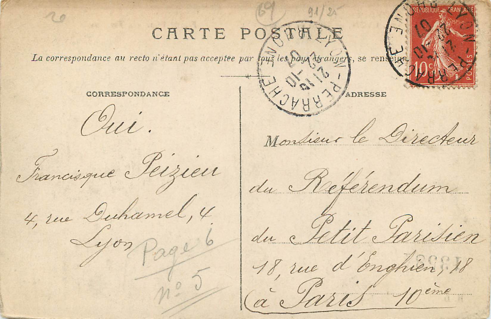 CPA Lyon Hotel de Ville  — Verso