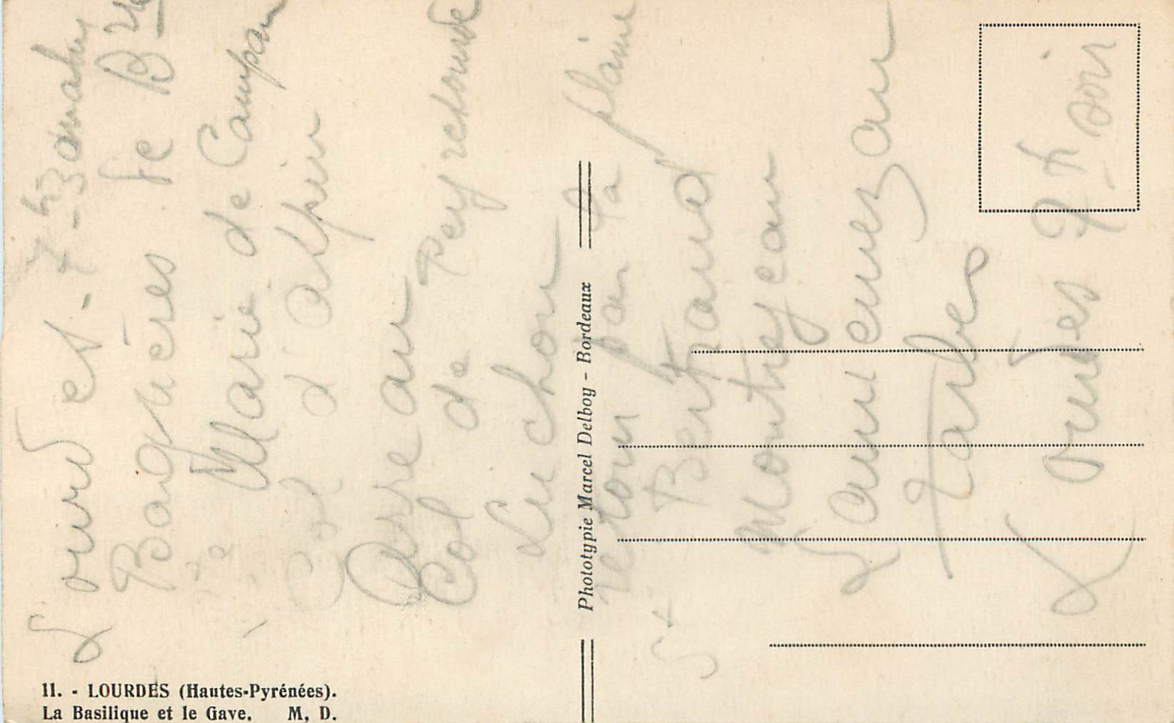 CPA Lourdes Hautes Pyrenees La basilique et le gave  — Verso
