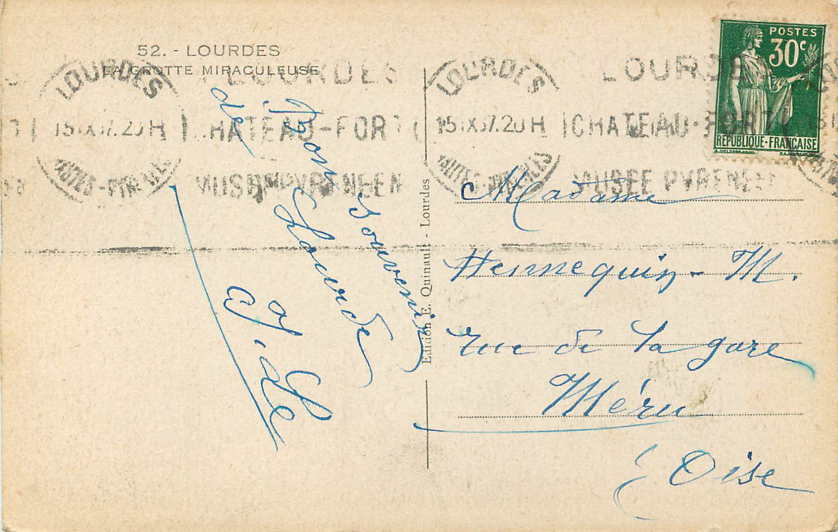 CPA Lourdes Grotte miraculeuse  — Verso