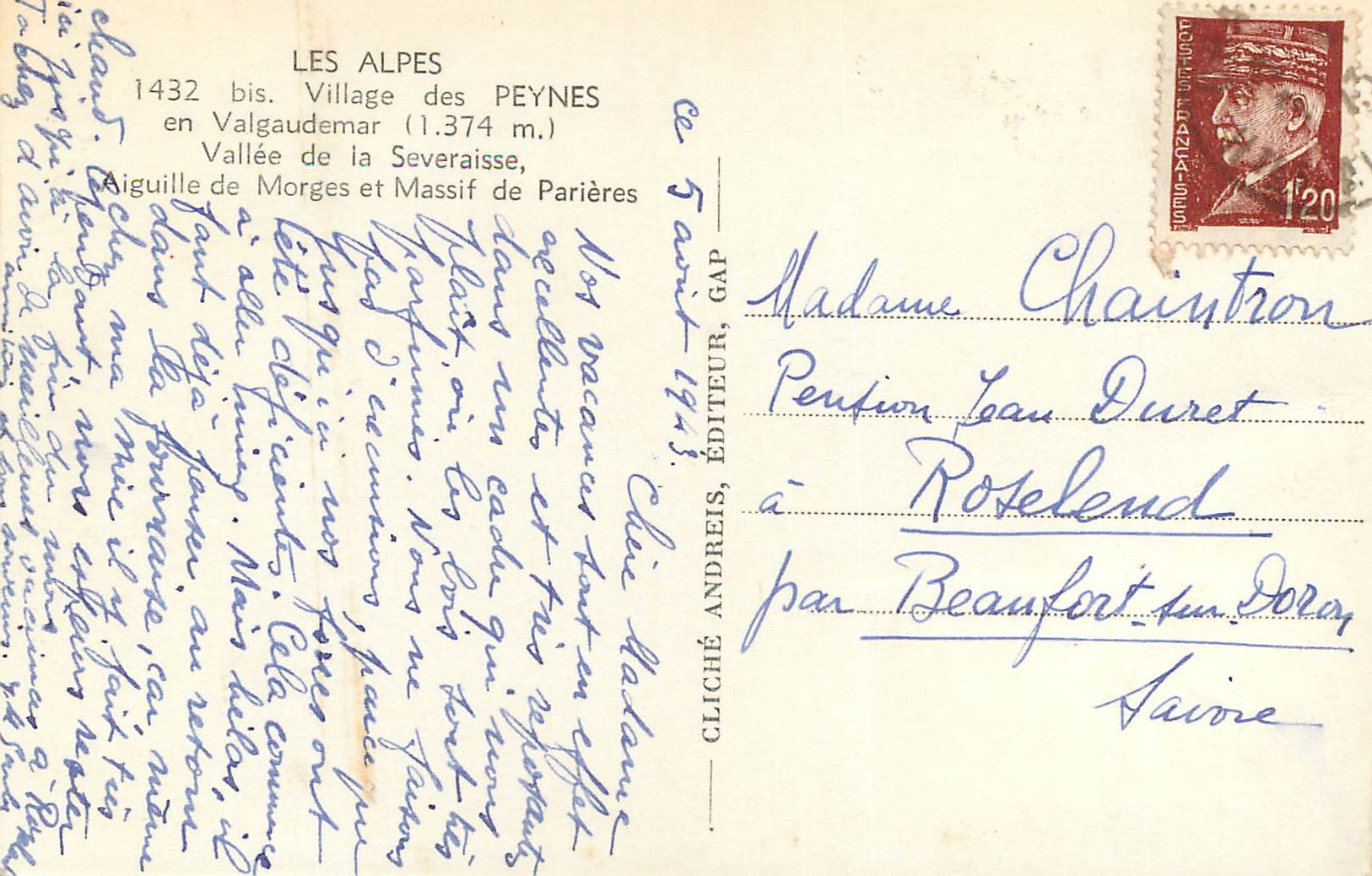 Les Alpes — Village des Peynes en Valgaudemar (1.374 m) — Vallée de la Severaïsse, Aiguille de Morges et Massif de Parières — Cliché Andréis, éditeur — Rückseite