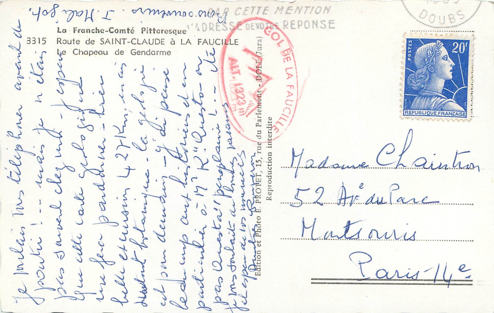 Route de Saint-Claude à La Faucille — Le Chapeau de Gendarme — Édition et Photo E. Pronet — Reverso