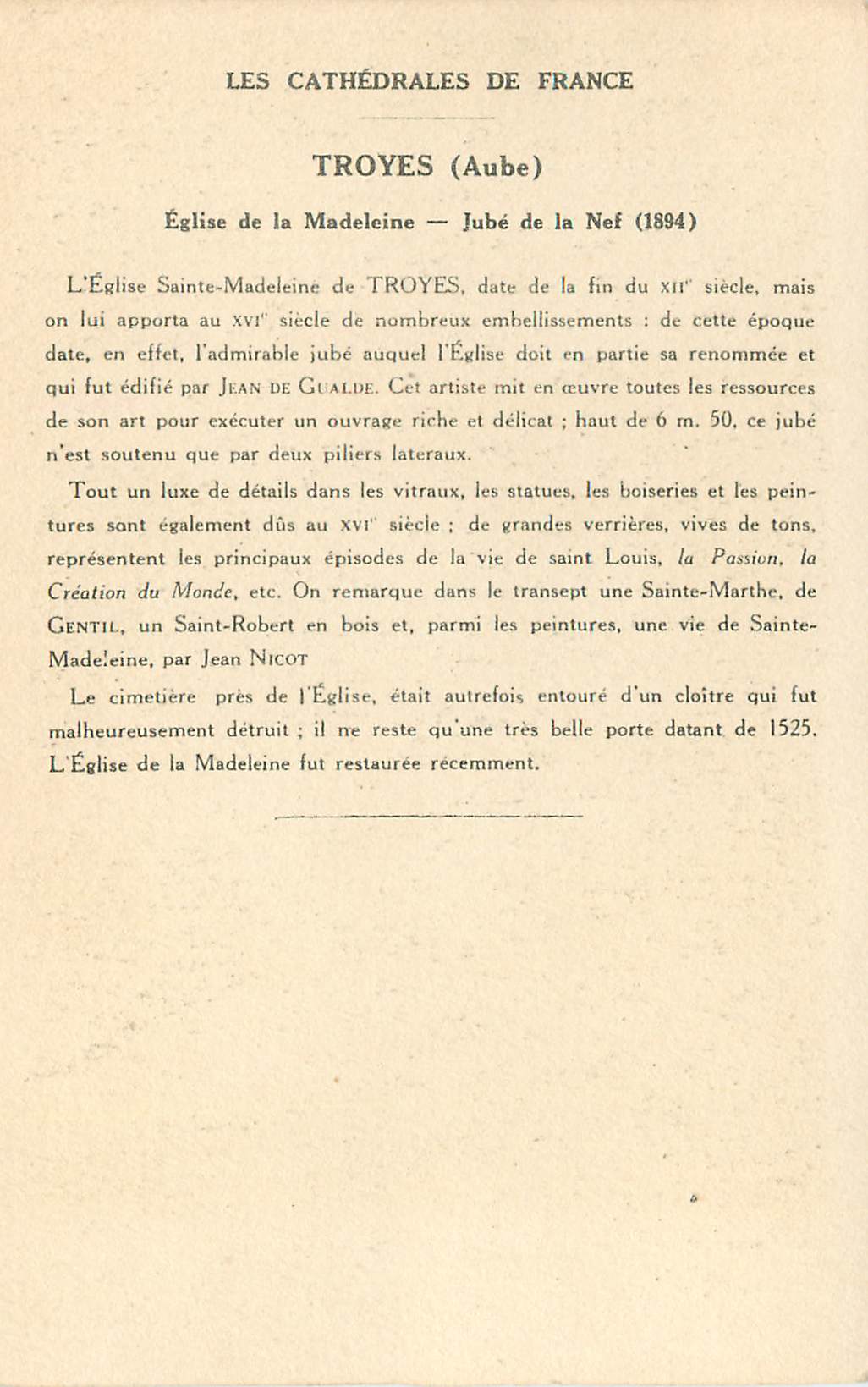 CPA Troyes Aube Eglise de la Madeleine Jube de la Nef  — Rückseite