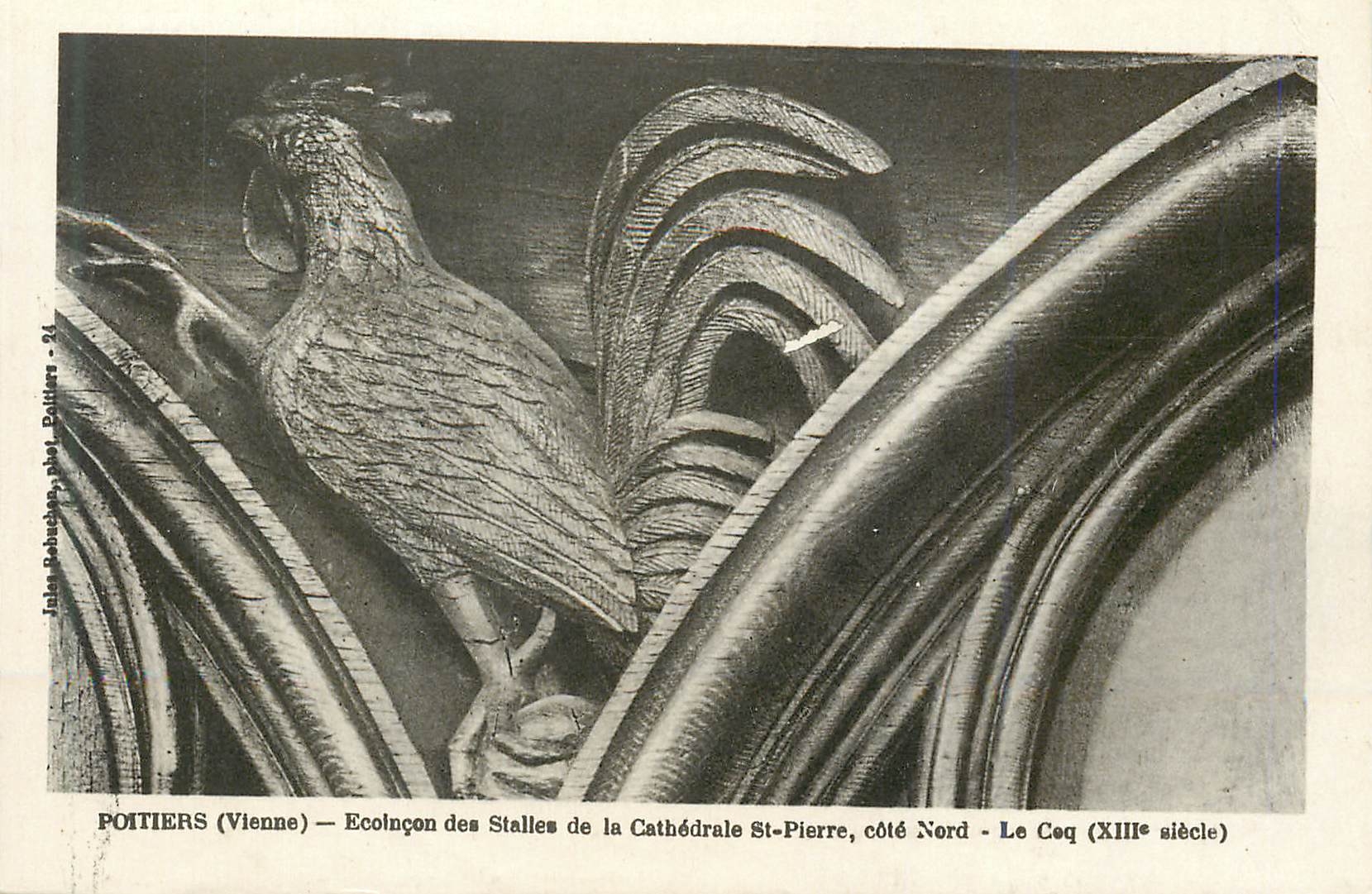 Poitiers (Vienne) — Ecoinçon des Stalles de la Cathédrale St-Pierre, côté Nord — Le Coq (XIIIe siècle)
