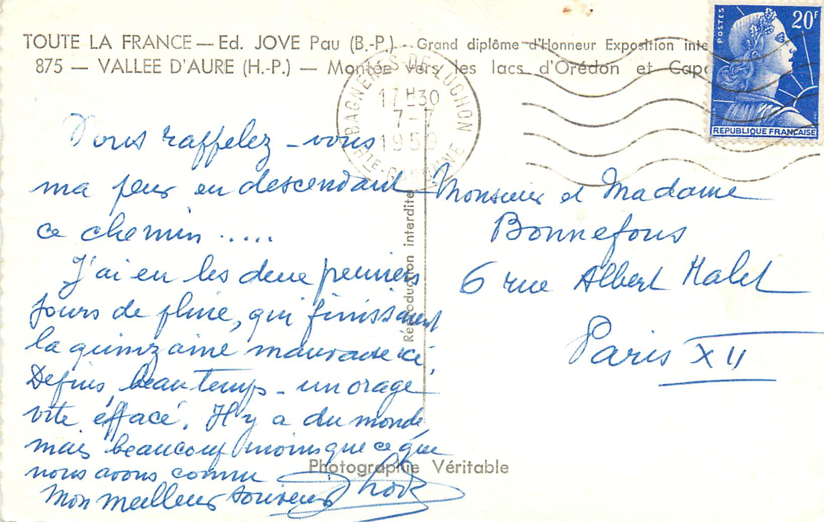 Montée vers les lacs d'Orédon et Capucine — Vallee d'Aure — Ed. JOVE Pau (B.P.) — Rückseite